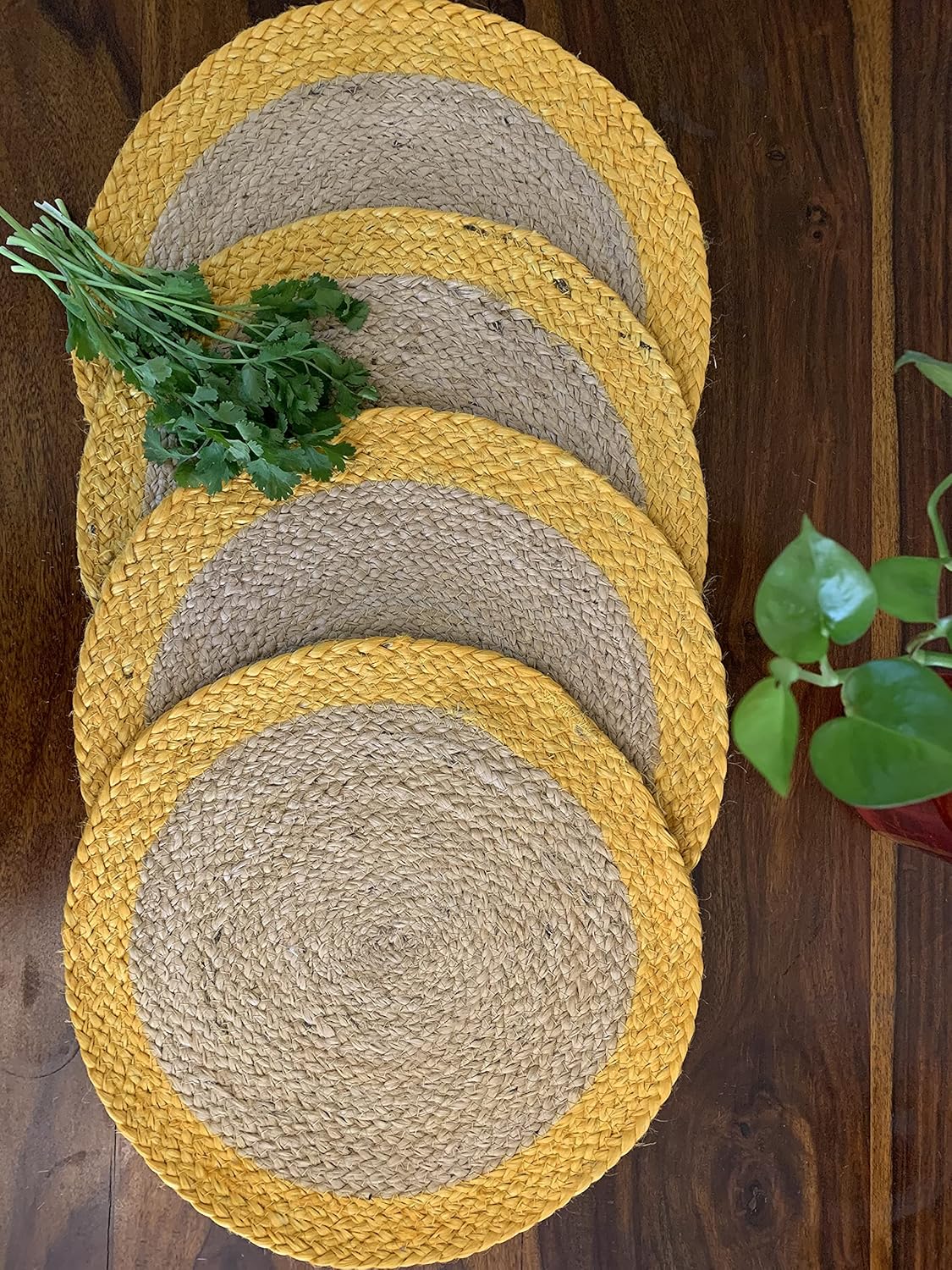 100% Jute Hand Braided Placemat Set of 6 Rustic Vintage Farmhouse Table top & Dining Table Round Placemat for Parties (14” Diameter, Natural/Ochre) Set of 6