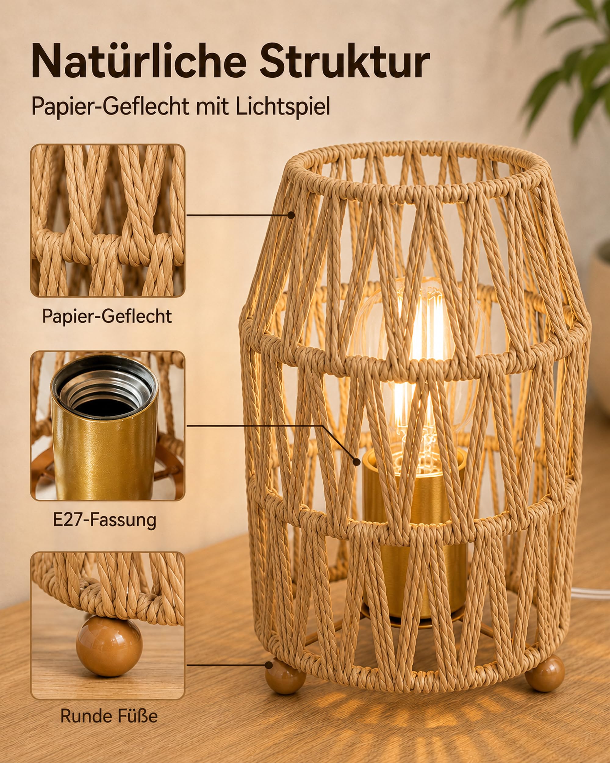 LANMOU Mała lampka nocna, zestaw 2 szt., plecionka papierowa, E27, vintage retro | 5 W LED, 3000 K ciepła biel, do sypialni i salonu