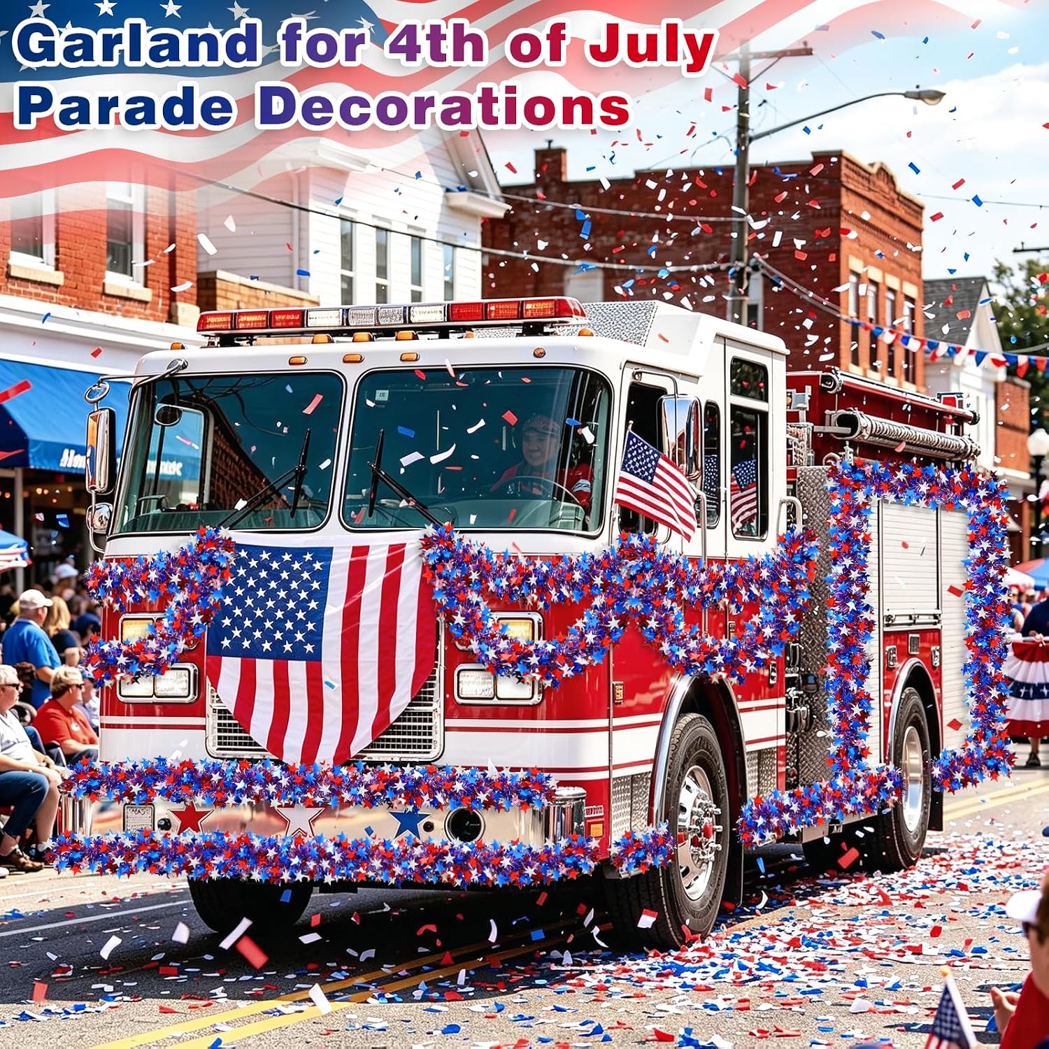 LOLStar 26.25ft 4th of July Garland, 4th of July Decorations | Patriotic Red White Blue Star Tinsel Garland, Hanging Banner for 4th of July Independence Day Celebration Parade Decorations