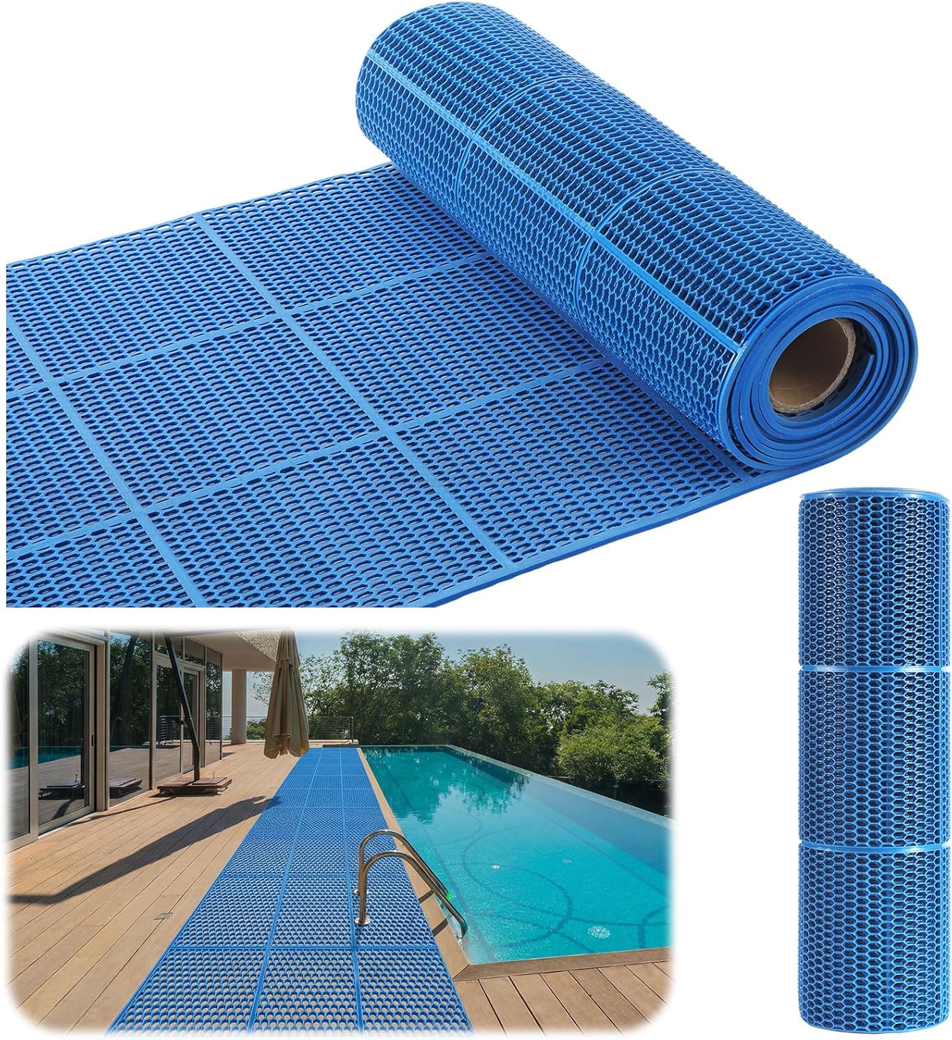 Tondiamo Drainage Pool Flooring Mats Swimming Pool Non Slip Mat PVC Splash Matting Mesh Hollow Doormat Roll for Outdoor Indoor Patio Restaurant Garage Kitchen Bathroom Bars(1.5 x 10 ft,Blue)