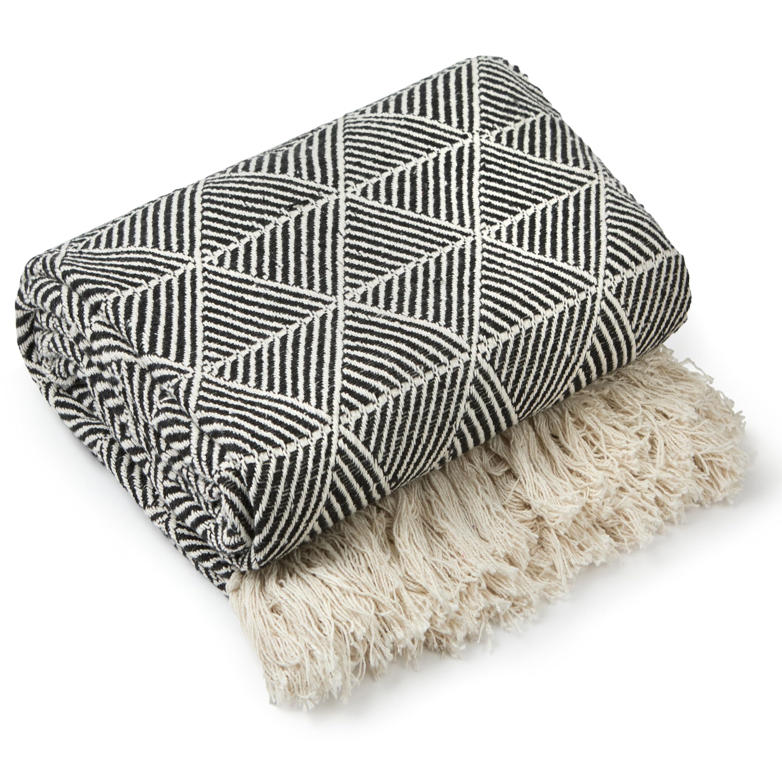 100% Cotton Throw Black Luxury Geometric Fringe Tassel Sofa Bed Chair Blanket