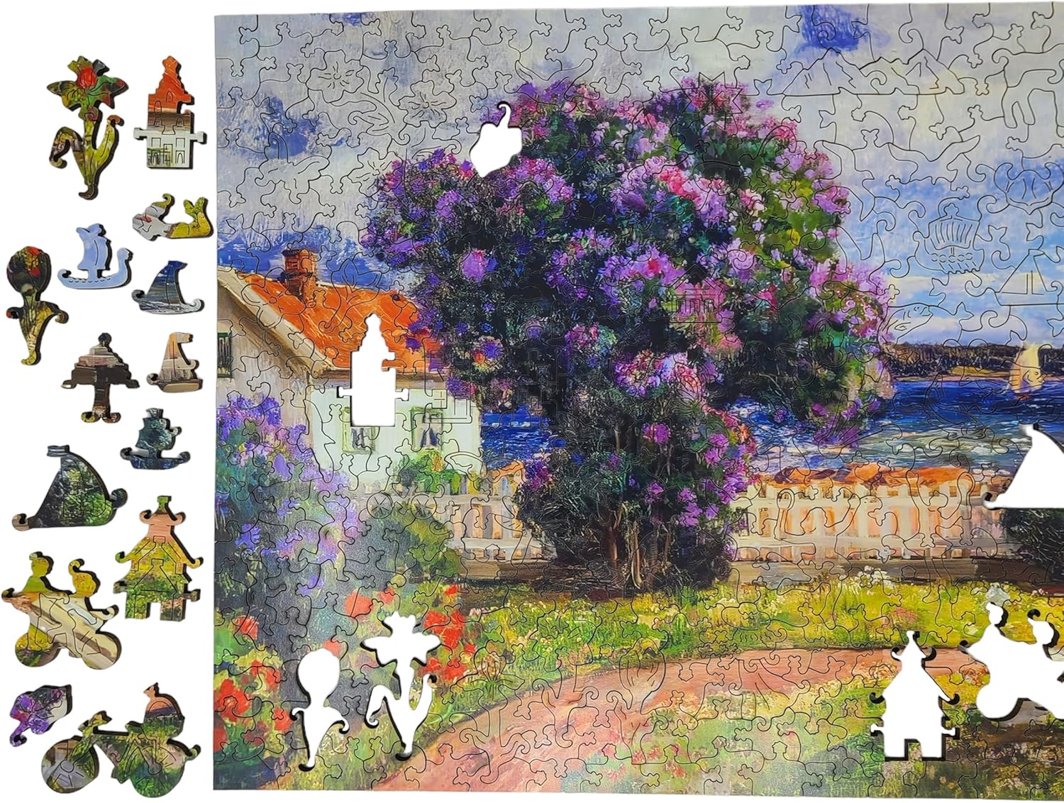 Wooden Jigsaw Puzzle for Adults - Uniquely Shaped Pieces - Made in The USA by FoxSmartBox - 434 Pieces - Coast Landscape with Blossoming Lilac Bush