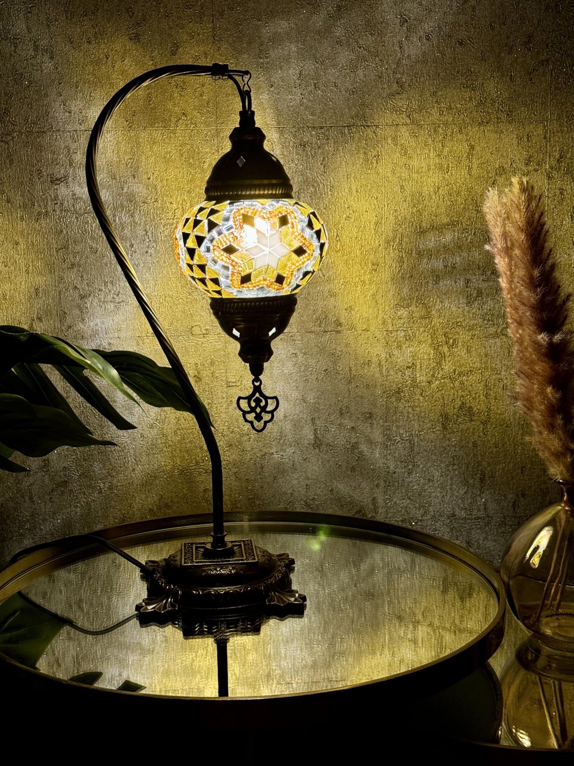 Lightza Handmade Turkish Moroccan Mosaic Desk Lamp LED Bulb | Swan Neck Unique Globe Lampshade Table Light | UK Tested Safe Energy Efficient (Black Flower) — image 1