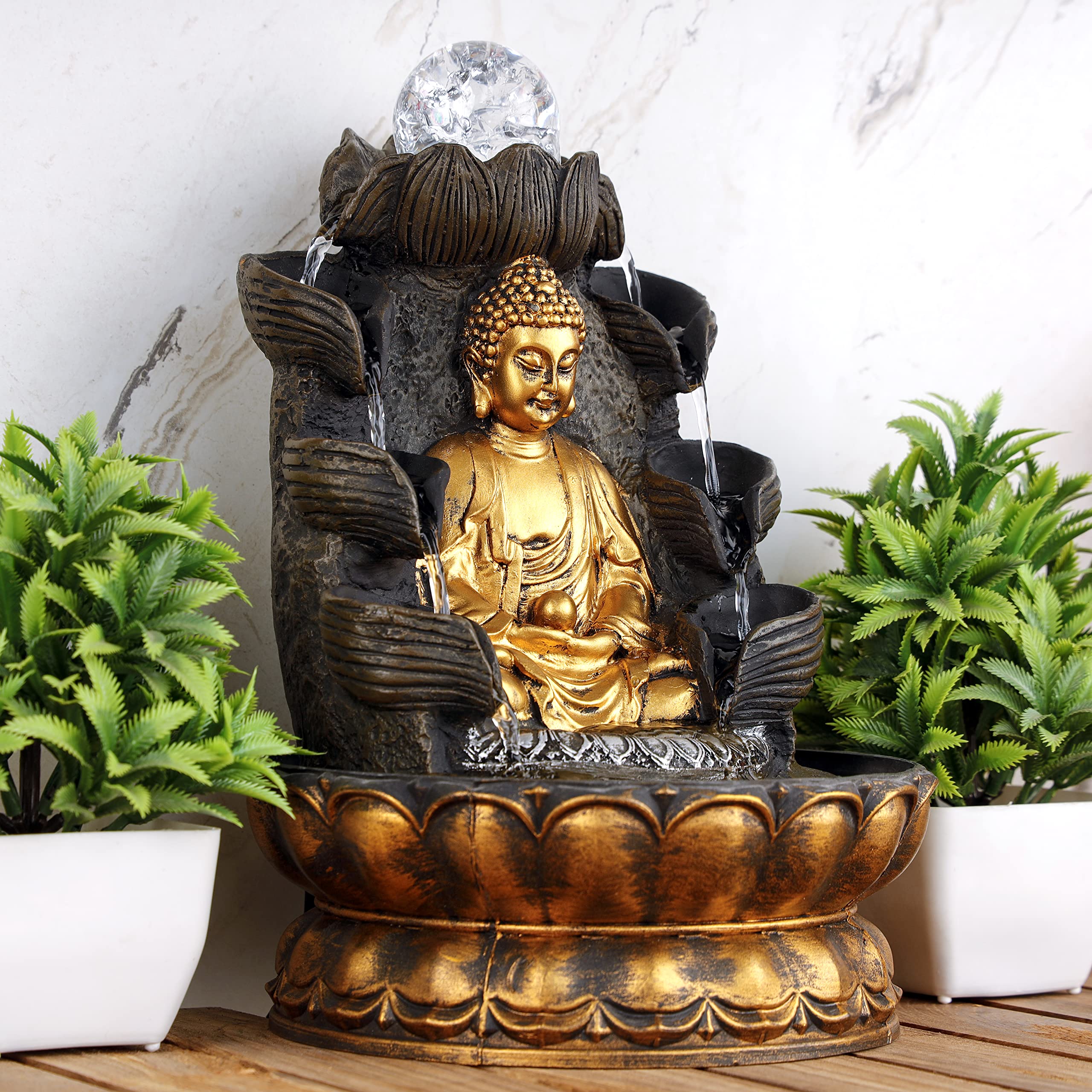 Global Grabbers Polyresin Table Top Indoor Outdoor Water Fountain with LED Lights for Home Decor Decoration Showpiece Gift Gifting Items-GOL_BRO-BL-SF14-(0)