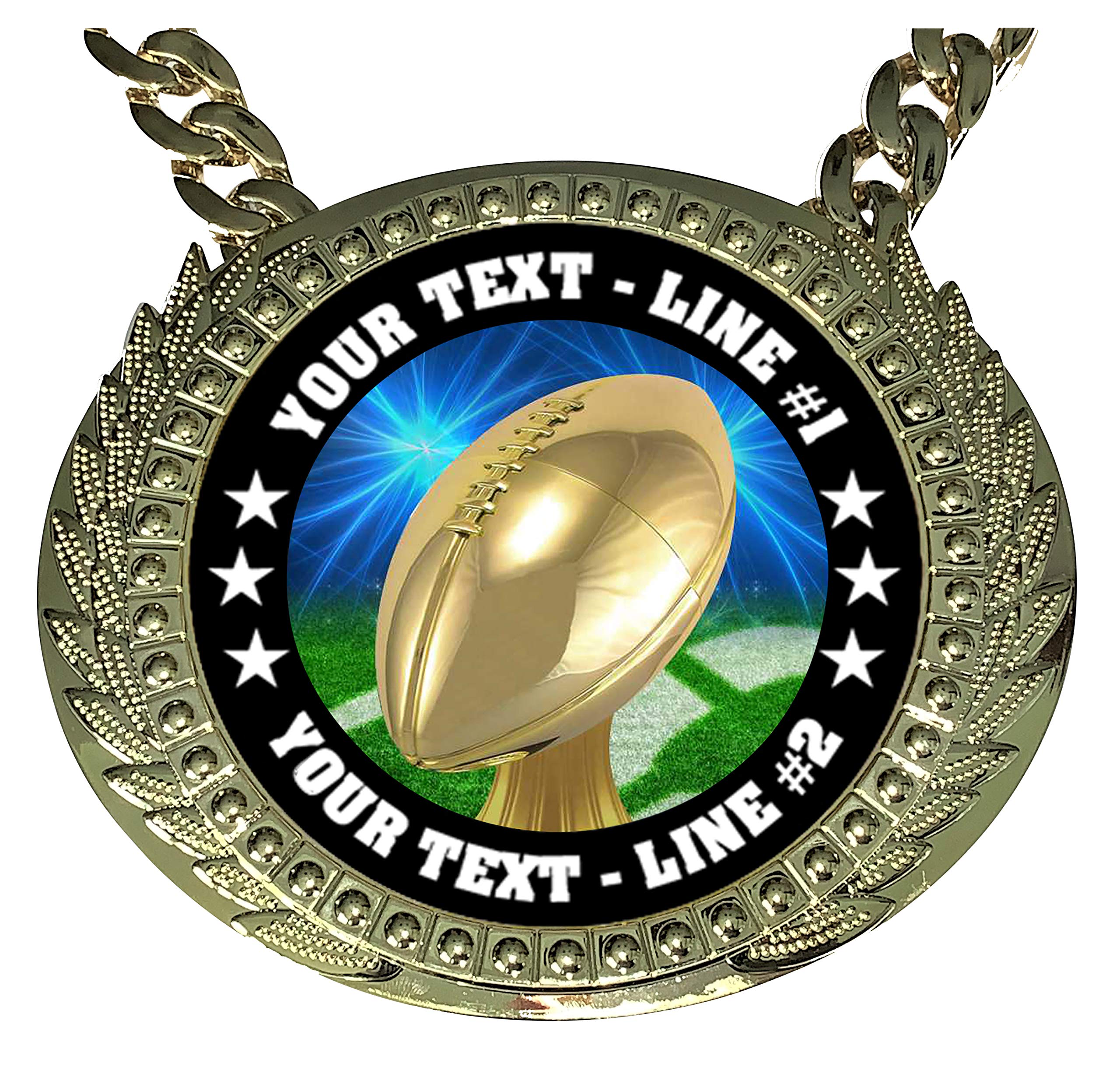 Express Medals Custom Football Champ Chain Trophy with 2 Lines of Personalized Text on a Large Rigid Plastic Award Medal and 34 Inch Long Gold Color Neck Chain. D20