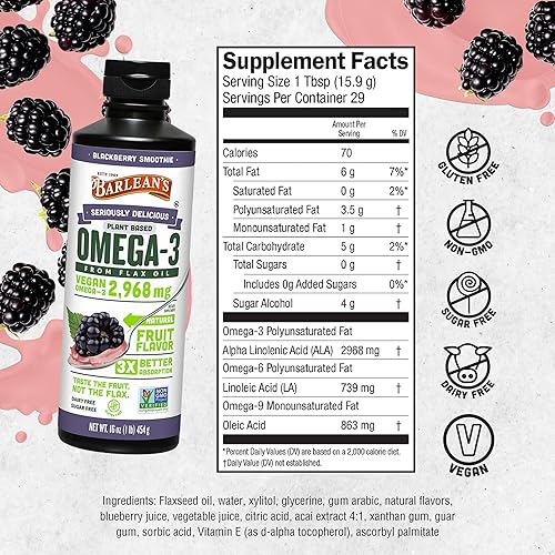 Vista 6 de Barlean's Suplemento líquido de aceite de linaza vegano Omega 3 6 9, batido de mora, aceite de semilla de lino, 2,968 mg de ácido graso ALA, sin OMG