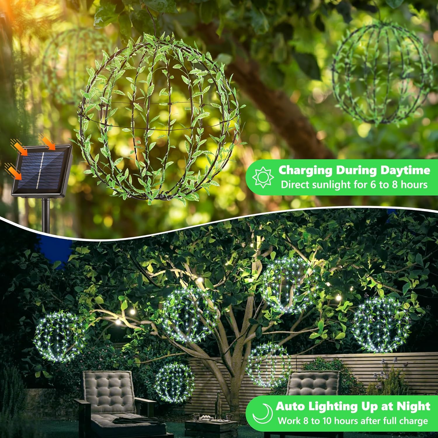 Joomer Solar Hanging Ball Lights Outdoor, 2-Pack 13in & 11in Total 264 LED Solar Globe Lights, 8 Modes Waterproof Metal Sphere Lights with Hooks for Patio Garden Decor - White