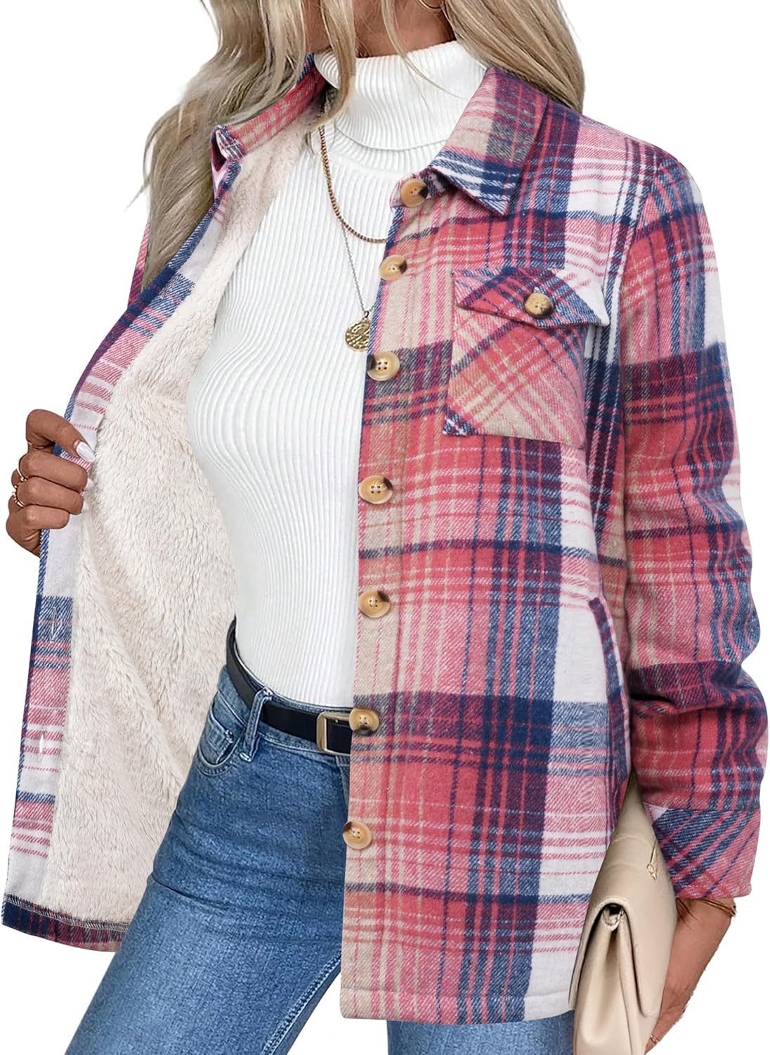 Zeagoo Women's Fleece Sherpa Jacket Casual Long Sleeve Button Down Flannel Shacket Shirt Winter Coat with Pockets
