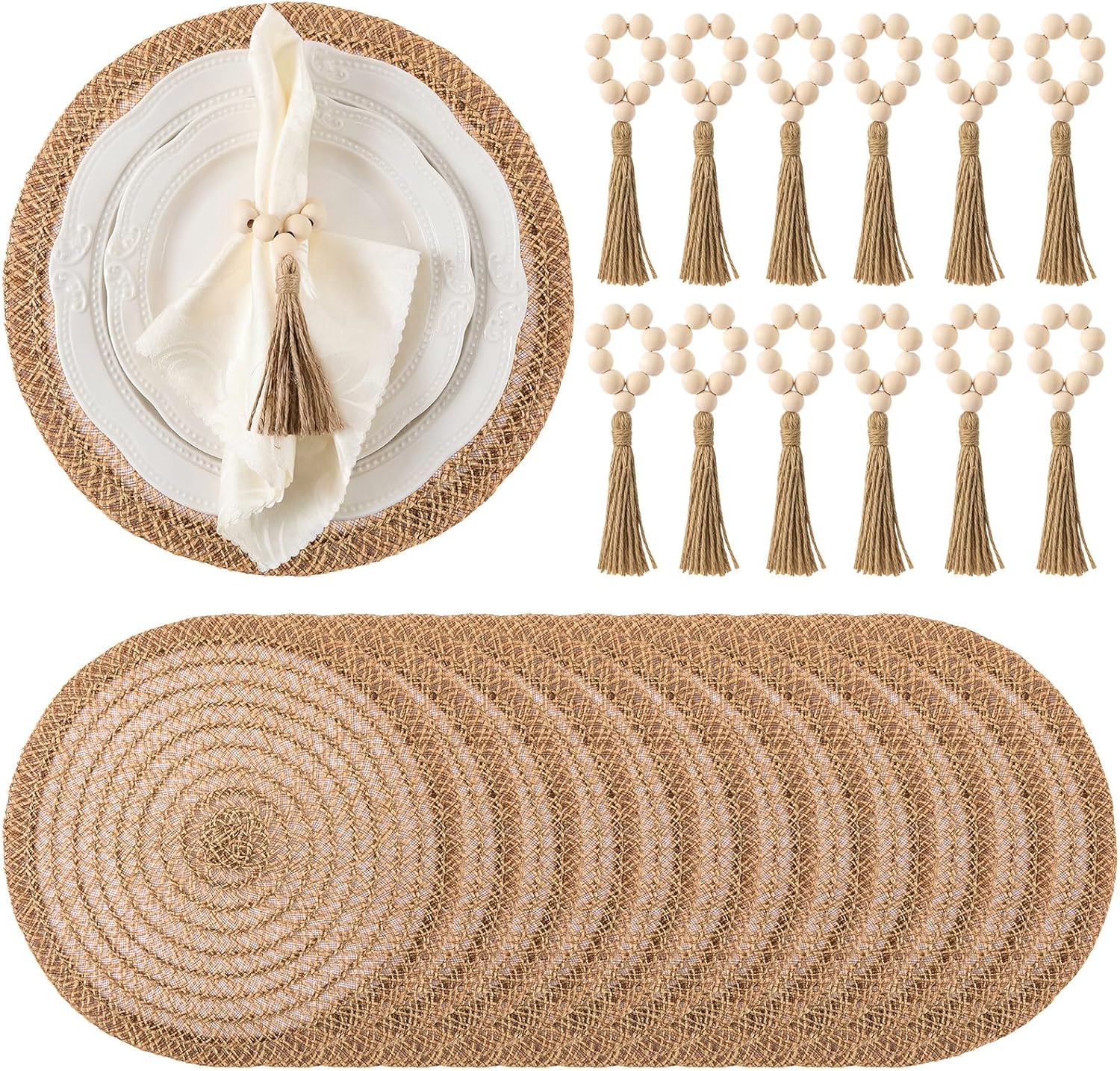 24 Pcs 15'' Burlap Boho Woven Placemat Wood Bead Napkin Rings with Jute Rope Tassels Round Rustic Rattan Chargers Table Mats for Farmhouse Wedding Home Kitchen Dining Table Party Decor