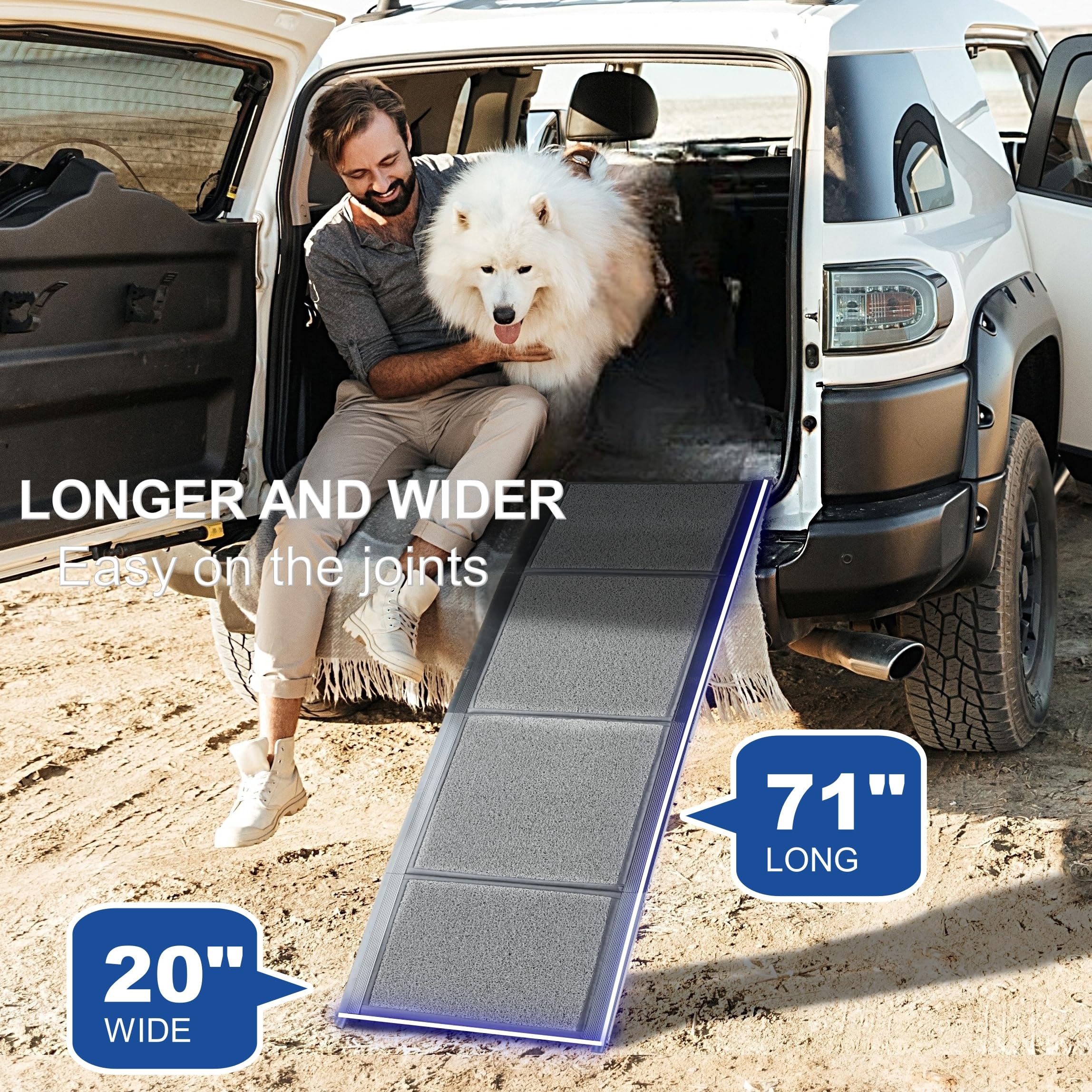 Haustierrampe (180 x 50 cm), Hunderampe für Auto, SUV und LKW, Faltbare und tragbare Haustierrampe mit Rutschfester Teppichoberfläche, leicht Stabil, extra breite Hundestufen