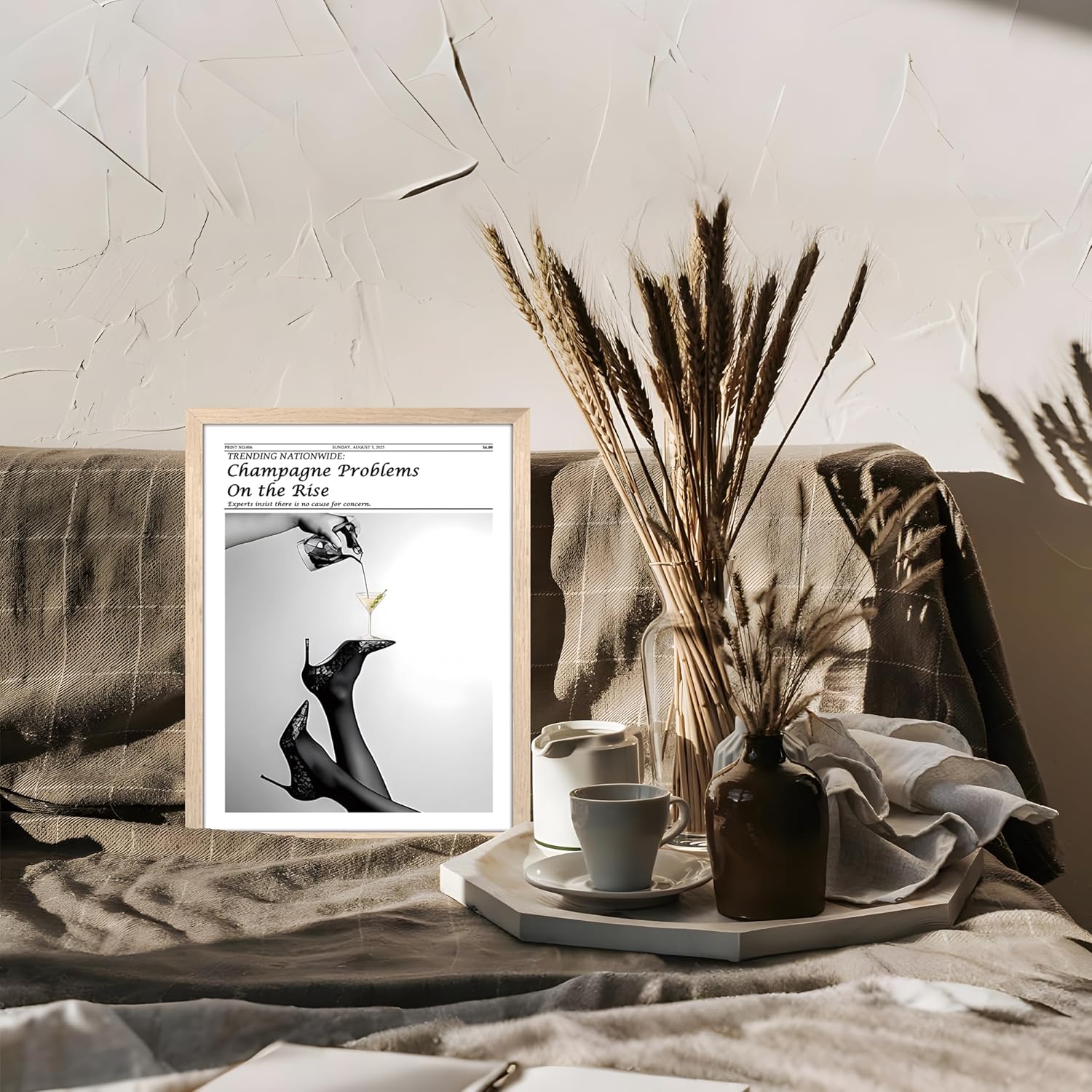 Framed Newspaper Wall Art, Champagne Problems Poster Black and White Vintage Aesthetic Canvas Print Picture, Fashion Glam High Heels Cocktail Glass Wall Decor for Bar Apartment Girls Room 12x16 inch image 5