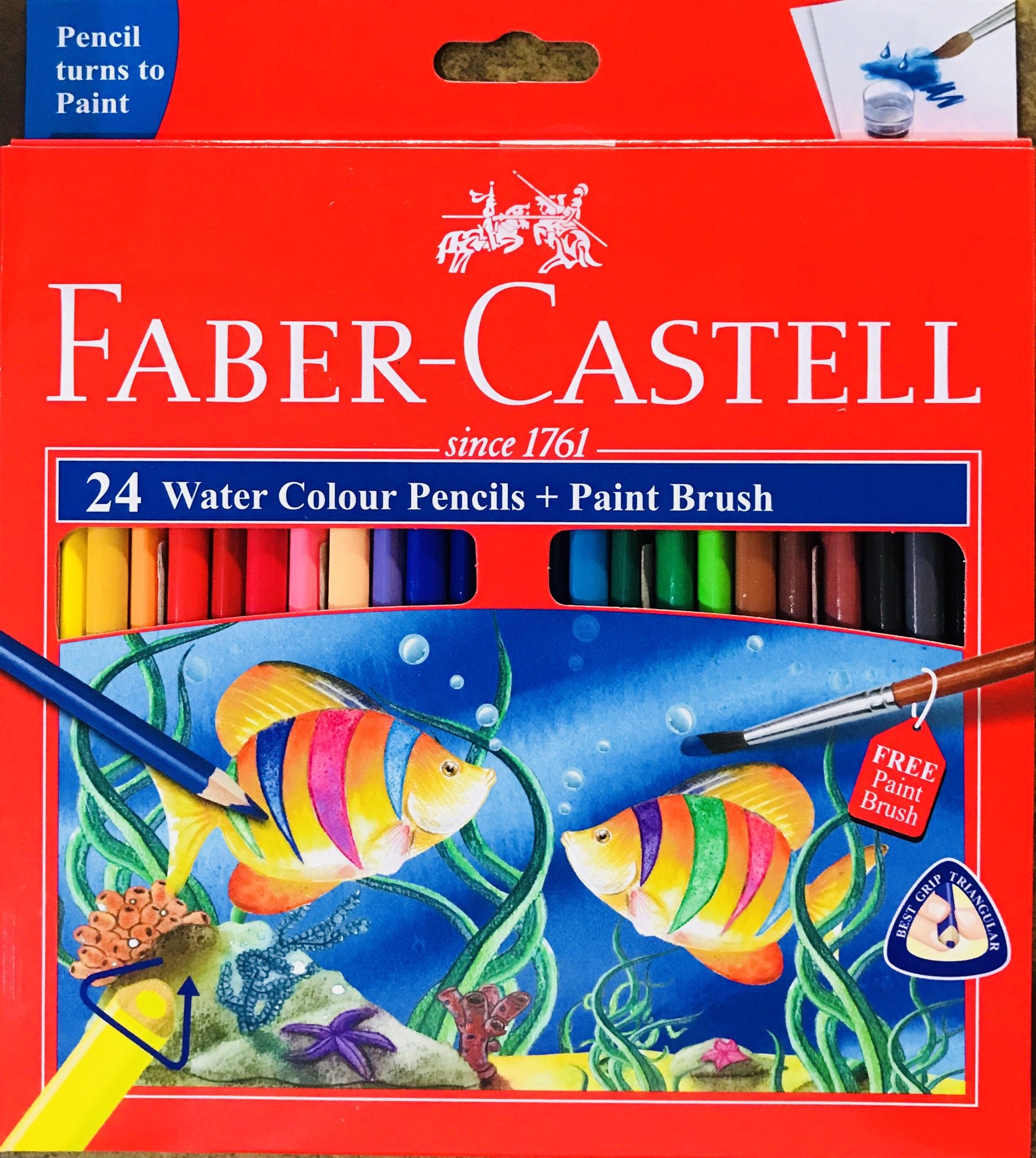 Faber-Castell Water Colour Pencils with Paint Brush, MULTICOLOUR, Box of 24, Triangular Grip, Draw Sketch Write, Pencil Colour Turns to Paint, School Home Classroom Use