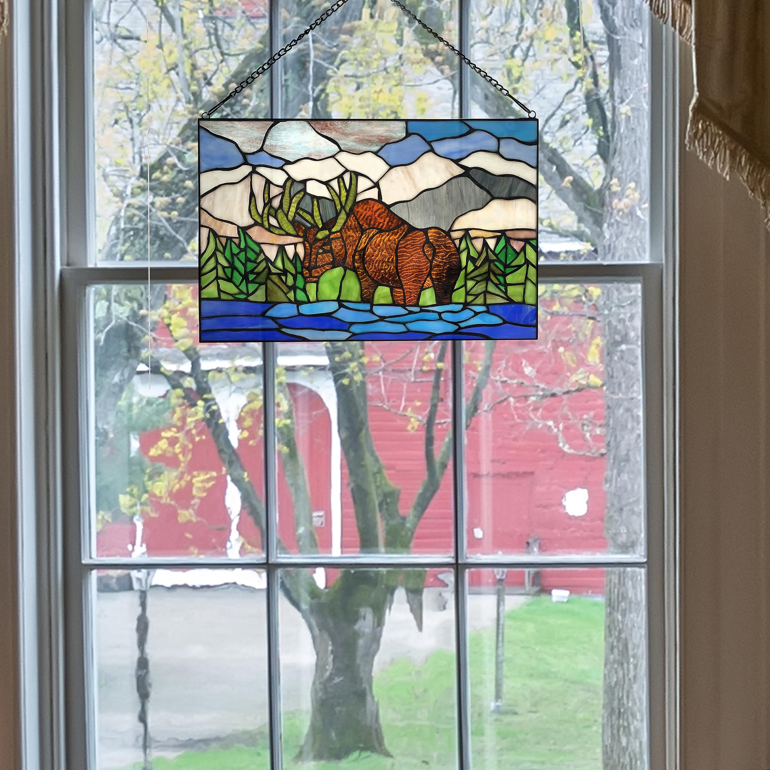 RIVER OF GOODS Moose in Mountainscape Stained Glass Window Panel - Rustic Animal Window Hanging Suncatcher for Kitchen, Office, Wall, and Home Decor - Cabin Decor - 18.25