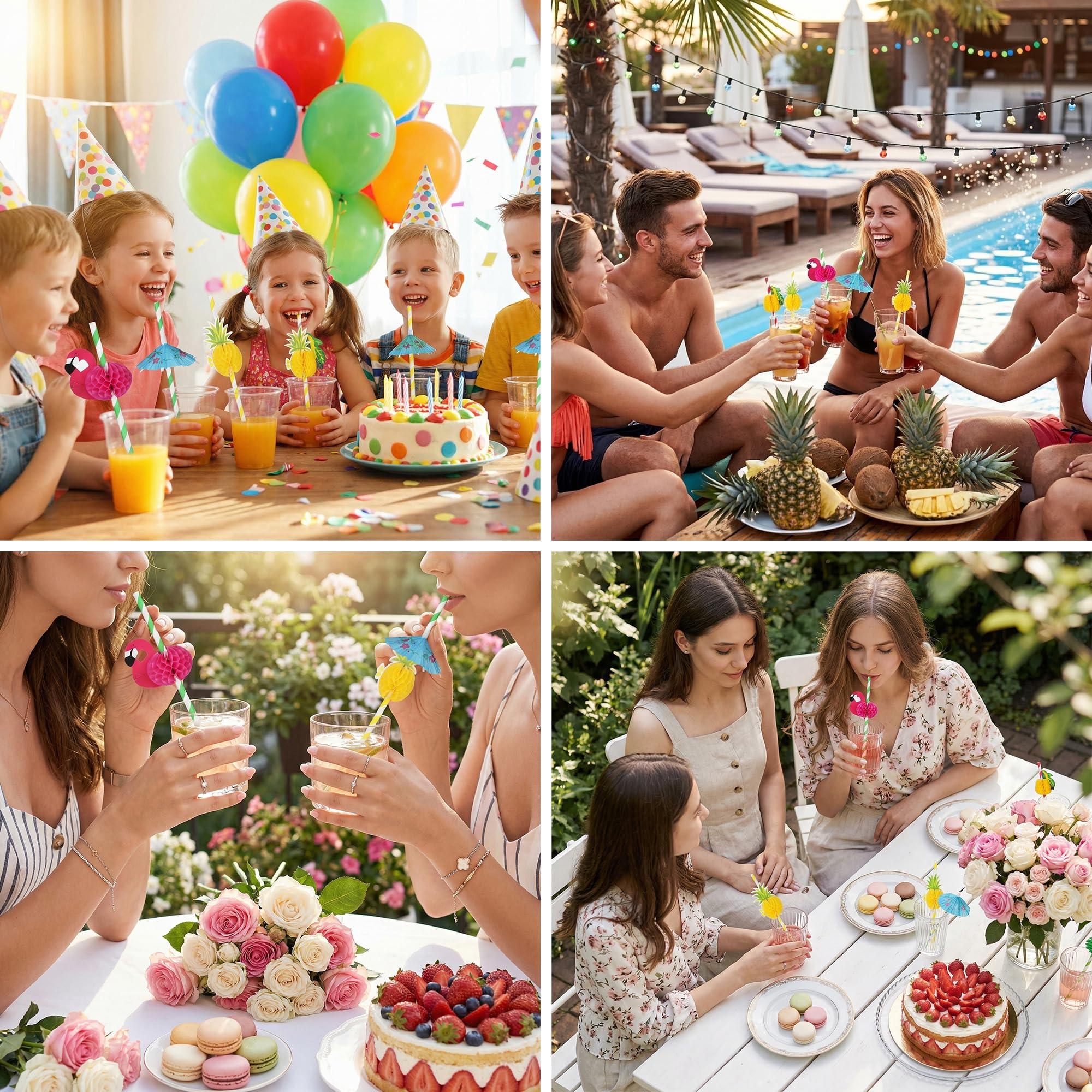 Haundry 100 pajitas de cóctel Luau para fiesta, paraguas de bebida, pajillas de papel de frutas y flamencos para decoración de fiesta hawaiana de verano tropical