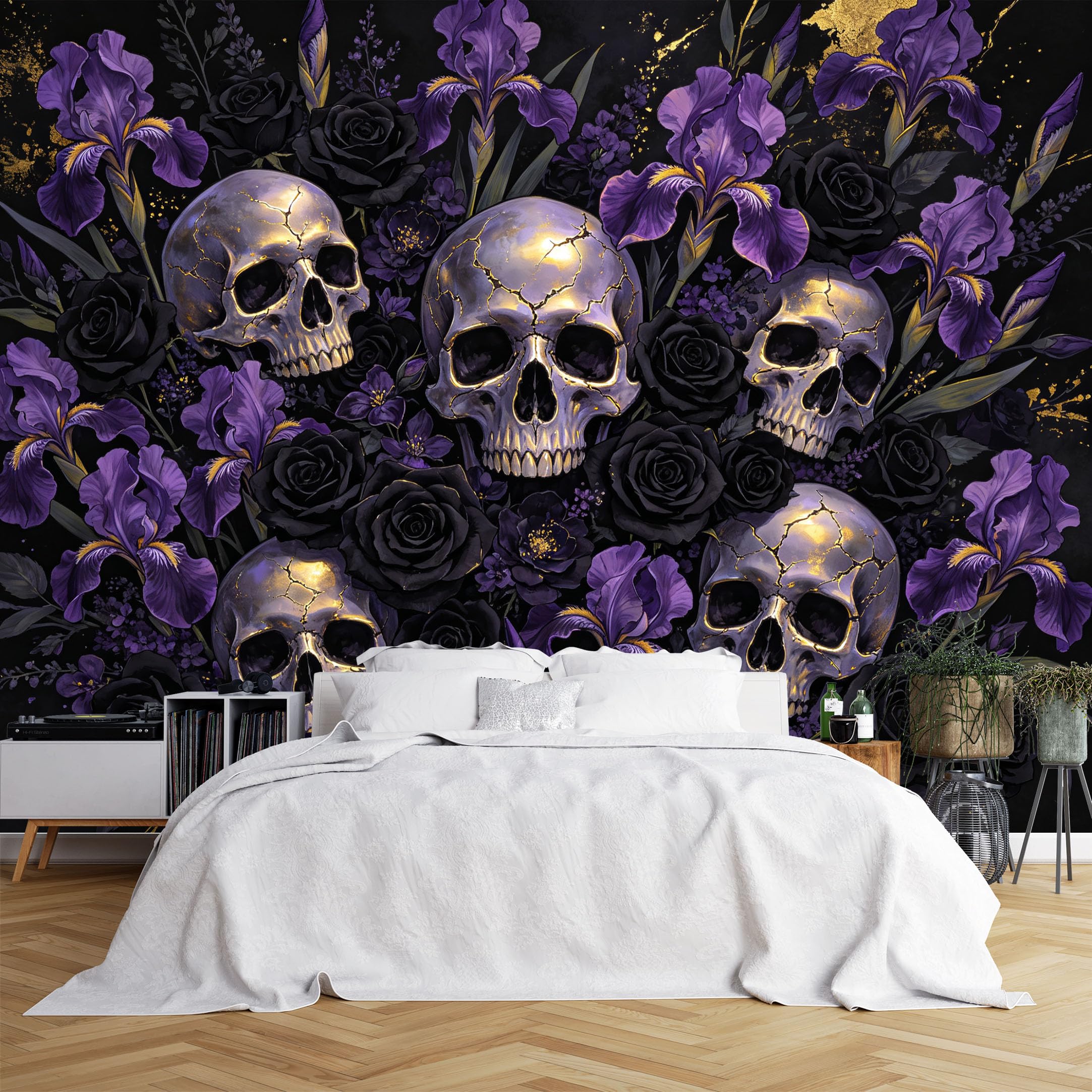 Lcythiazole Ch260615113 Custom Size Wall Murals Gold Crack Skull Purple Iris Black Rose Wall Murals Hd Gothic Art Wallpaper Wall Stickers Self-Adhesive Removable Wallpaper For Bar Bedroom
