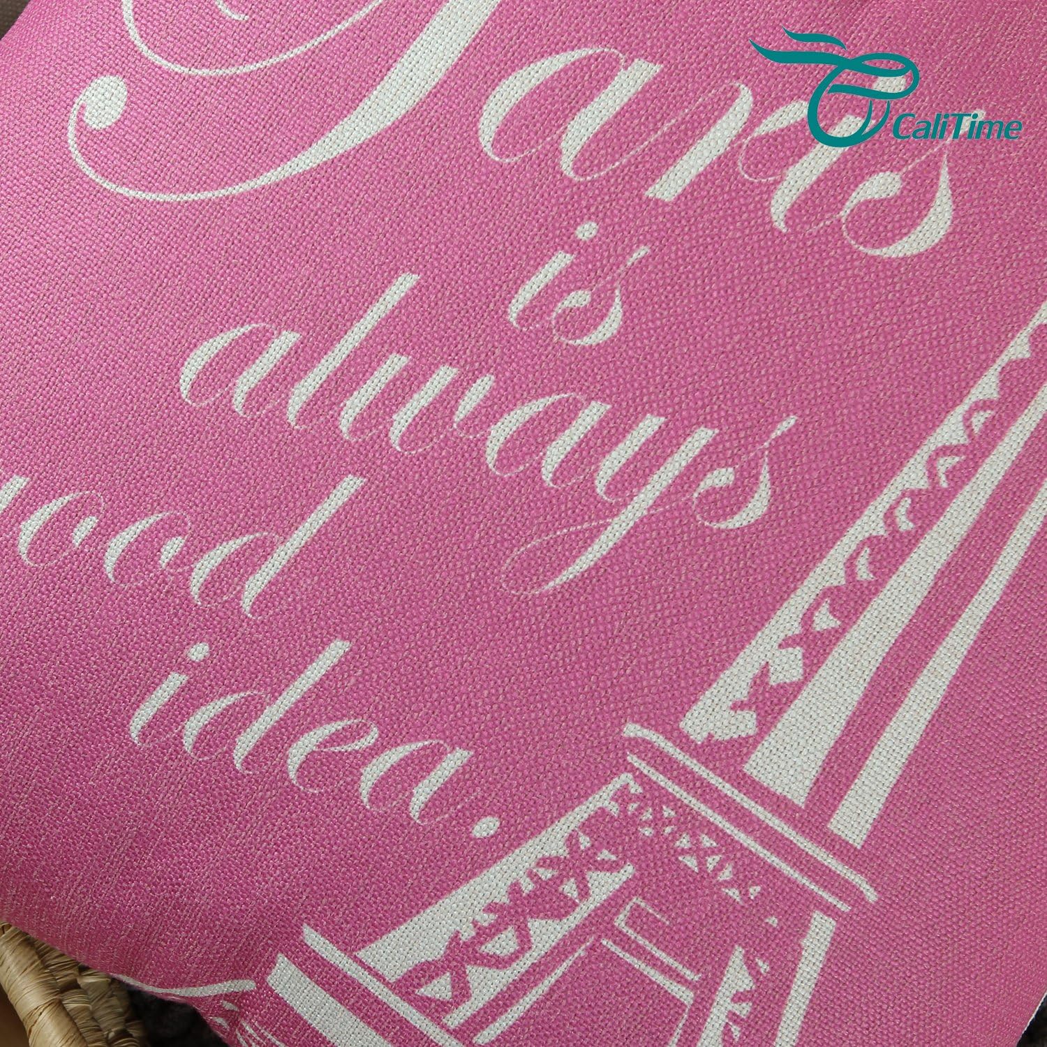 CaliTime Canvas Throw Pillow Cover Case for Couch Sofa Home Decoration Famous Paris Eiffel Tower 18 X 18 Inches Pink