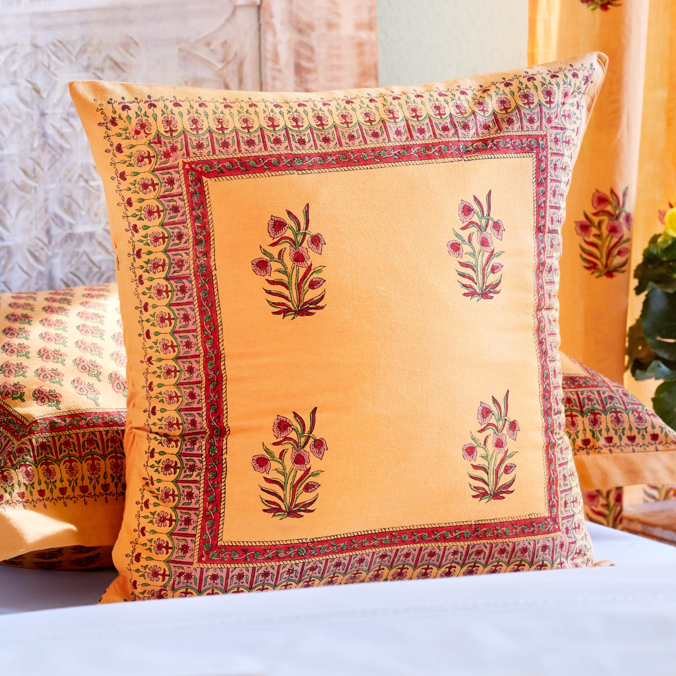Saffron Marigold Throw Pillow Cover Orange Cotton Accent Cushion for Bed & Sofa. Hand Block Printed Decorative Accessories Indian Summer - CP 18x18
