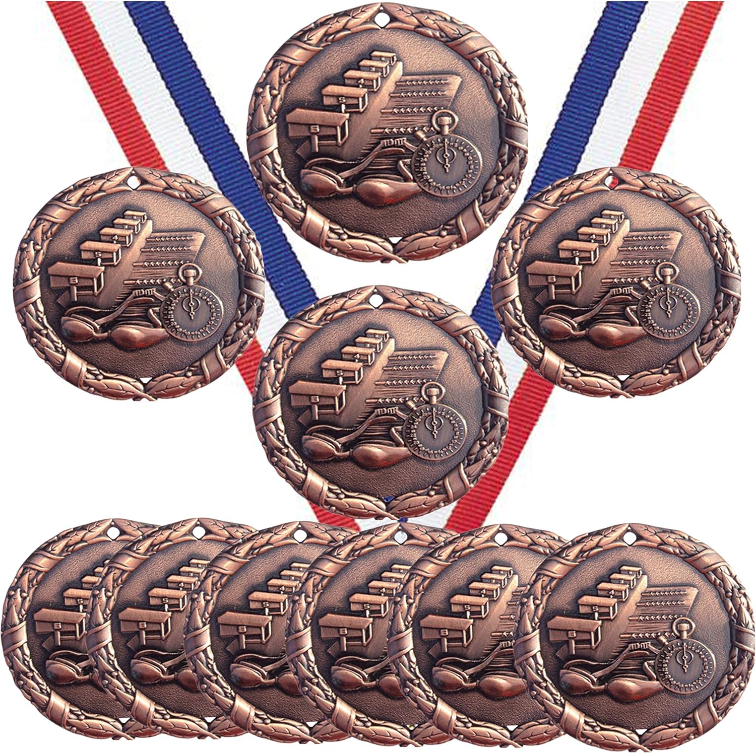 Bronze Swim Simming Medals Trophy Champion Participant Award Prize with Neck Ribbons (Pack of 10)