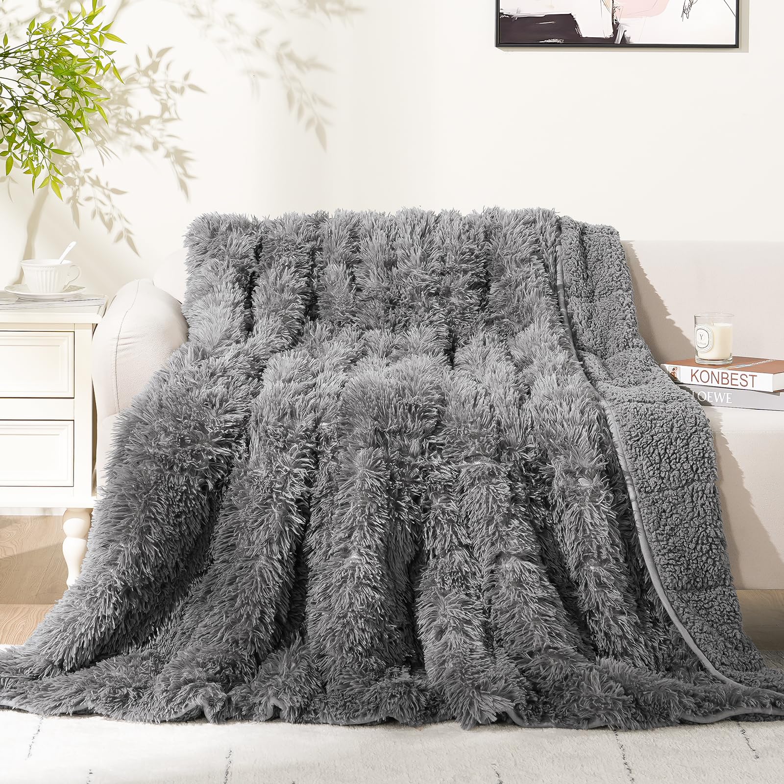 Cottonblue Faux Fur Reversible Sherpa Weighted Blanket 15lbs,Luxury Snugly Long Fur Warm Heavy Blanket 48x72 inches,Super Soft Fuzzy Fleece Blanket for Better Sleep,Gray