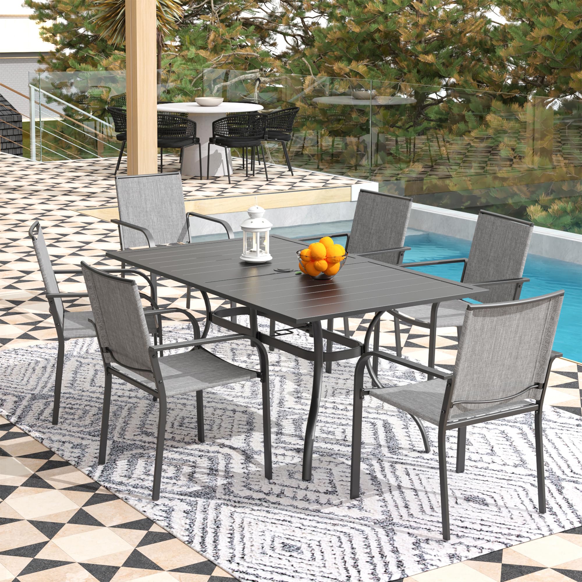 Anmutig 7-Piece Outdoor Dining Set, Powder Coated Steel Table with 6 Stackable Sling Chairs, 63 x 38 Inch Table Grey Fabric