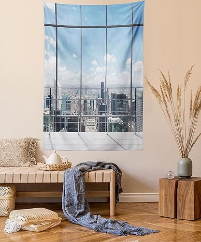 Miniatura 25 de Ambesonne Tapiz de fantasía, paisaje de fantasía con reloj, rayos de cielo de ensueño desde el techo, arte ficticio, colgante de pared ancho para