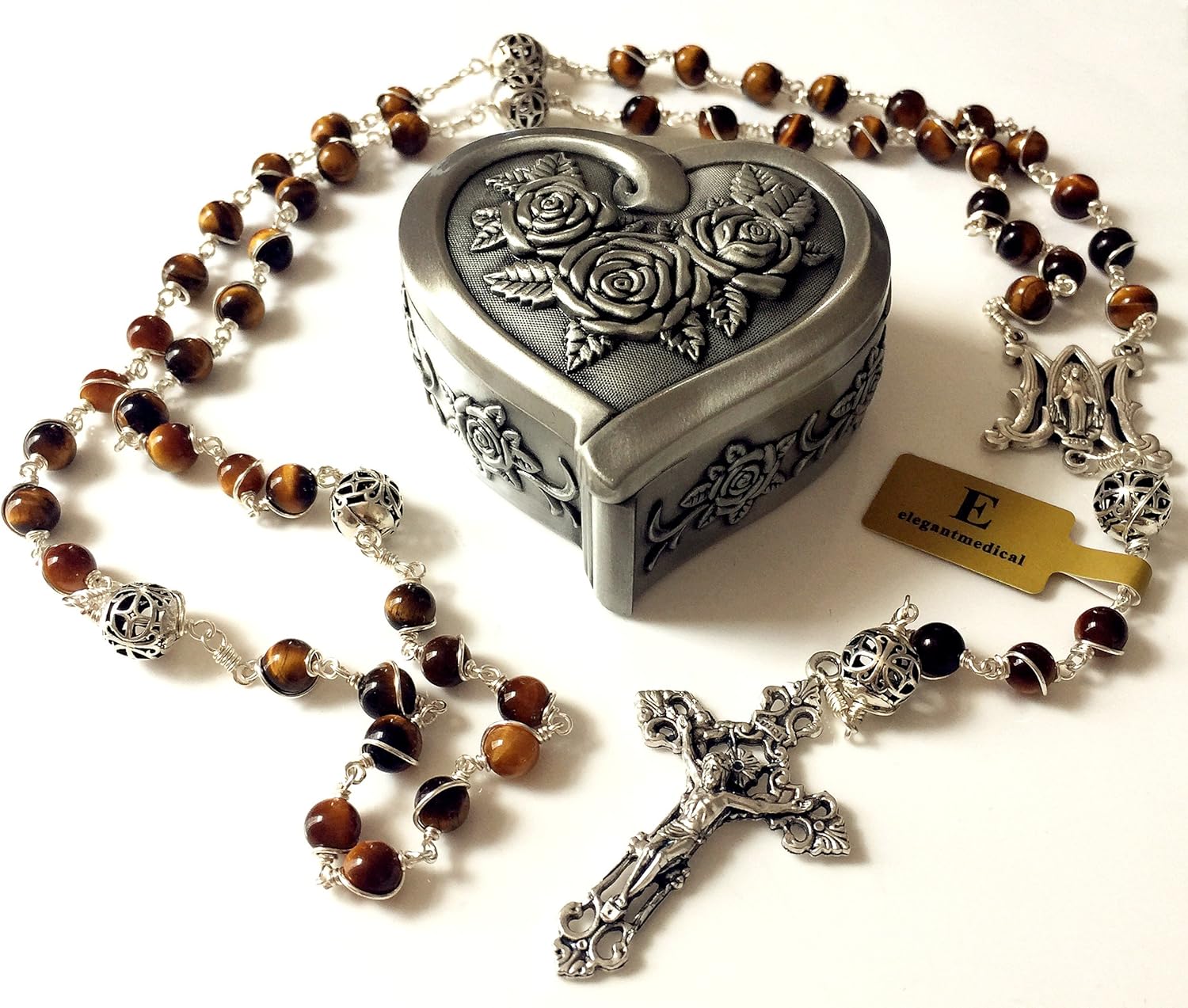 elegantmedical HANDMADE Bali 925 Sterling Silver Beads & Tiger Eye Rosary Cross catholic necklace Box GIFT