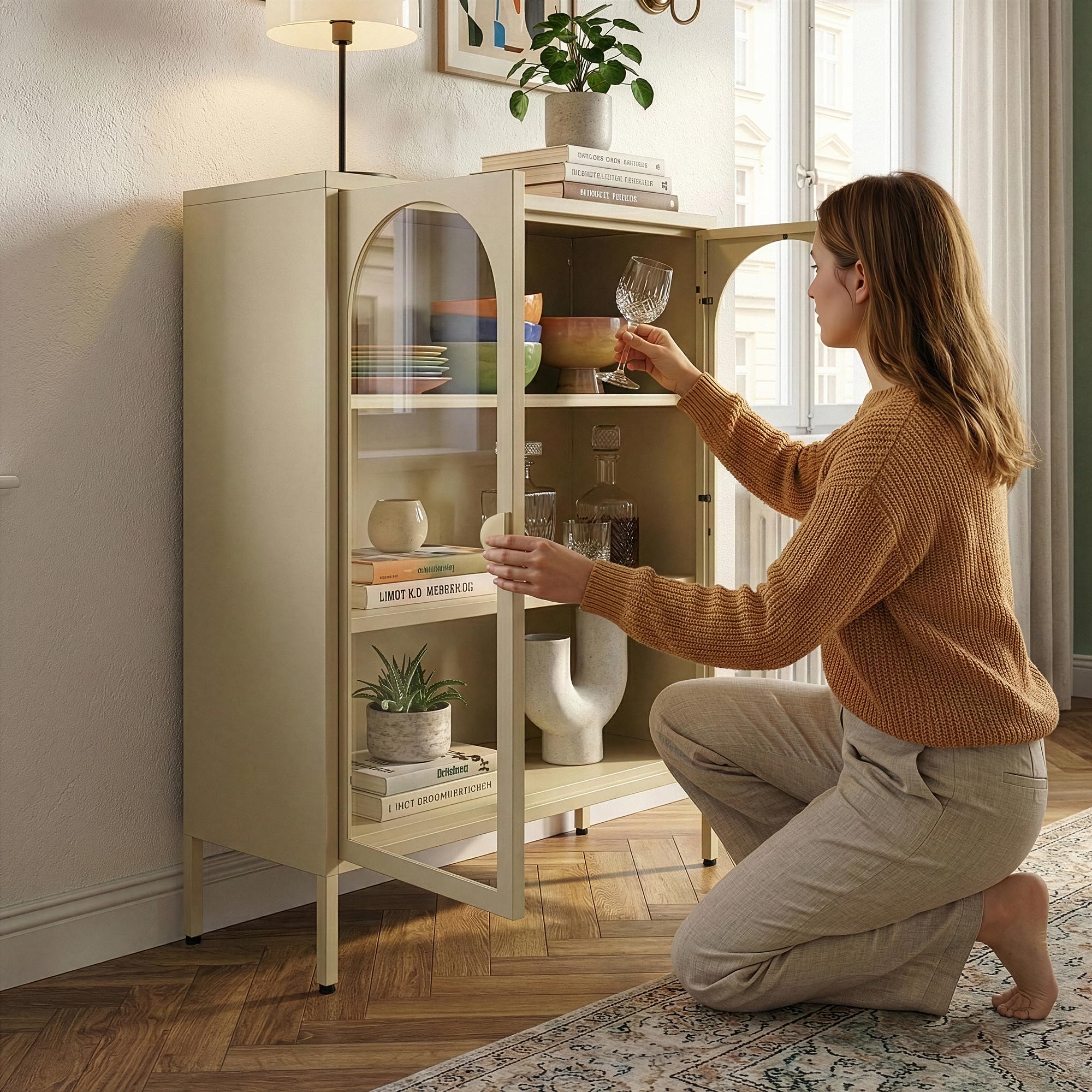 [en.casa] Vitrina Klippestad Aparador Alto 2 Puertas de Cristal Transparente 3 Compartimentos Cerrados Mueble Auxiliar para Cocina Comedor Oficina Acero 95 x 80 x 35 cm - Camel