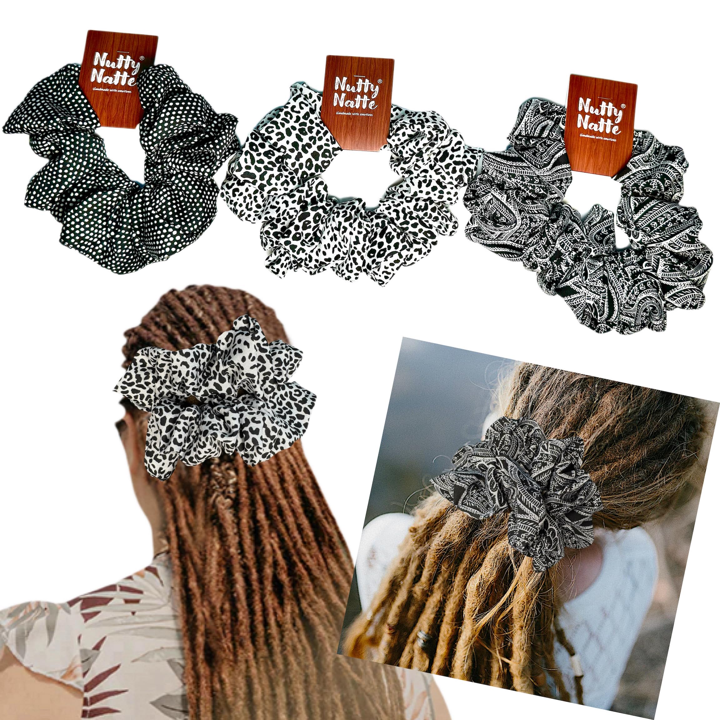 Nutty Natte Handmade Extra Large Jumbo Gaint Scrunchie for thick hair Women Denim Oversized Scrunchies for dreadlock Leopard print Velvet Hair Ties for dreads Curl Thick Hair (Black White)