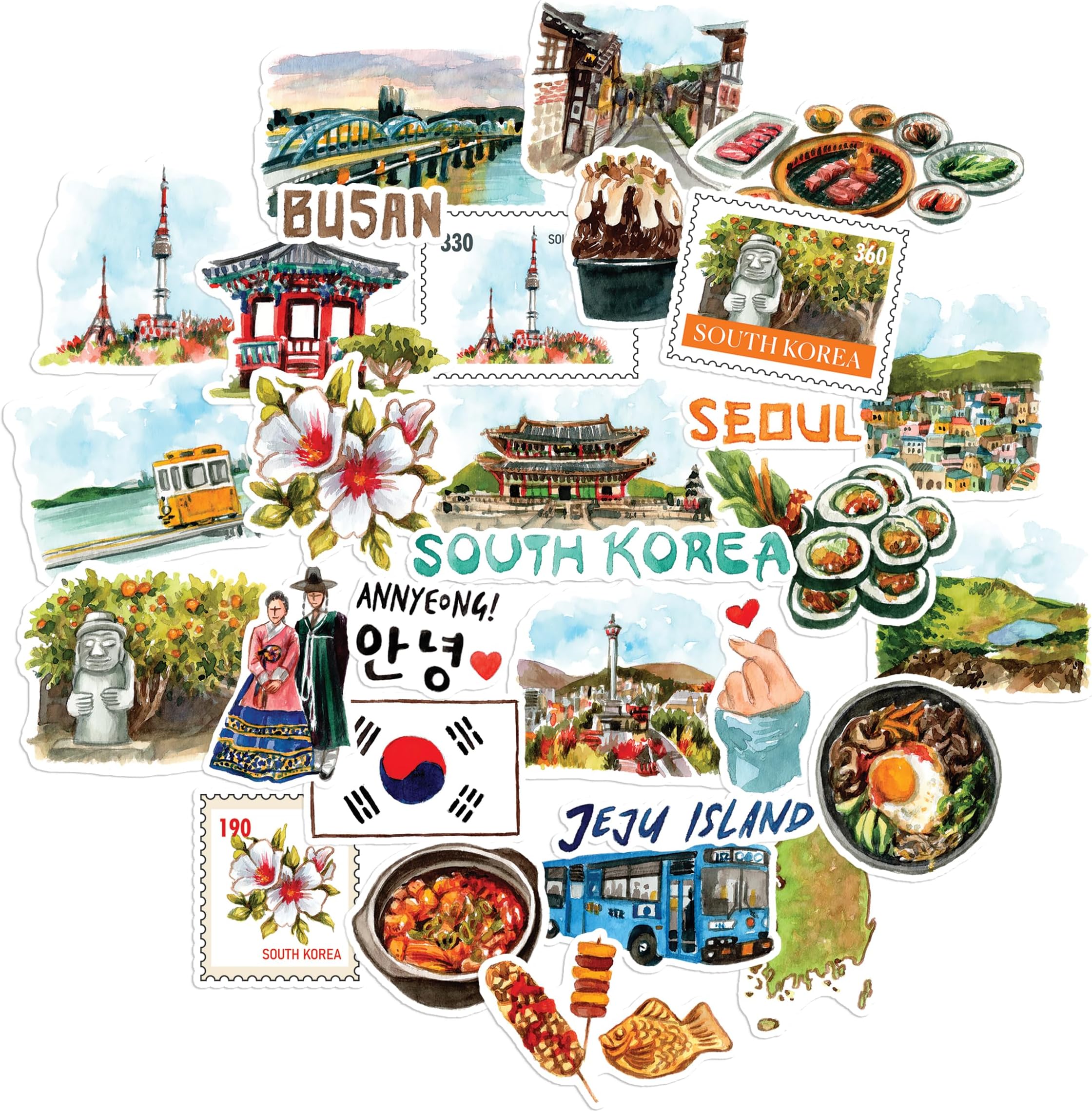 Navy Peony Scenic South Korea Travel Stickers (30pcs) - Hand-Illustrated, Seoul, Korean Decals for Journals, Scrapbooks, Water Bottles