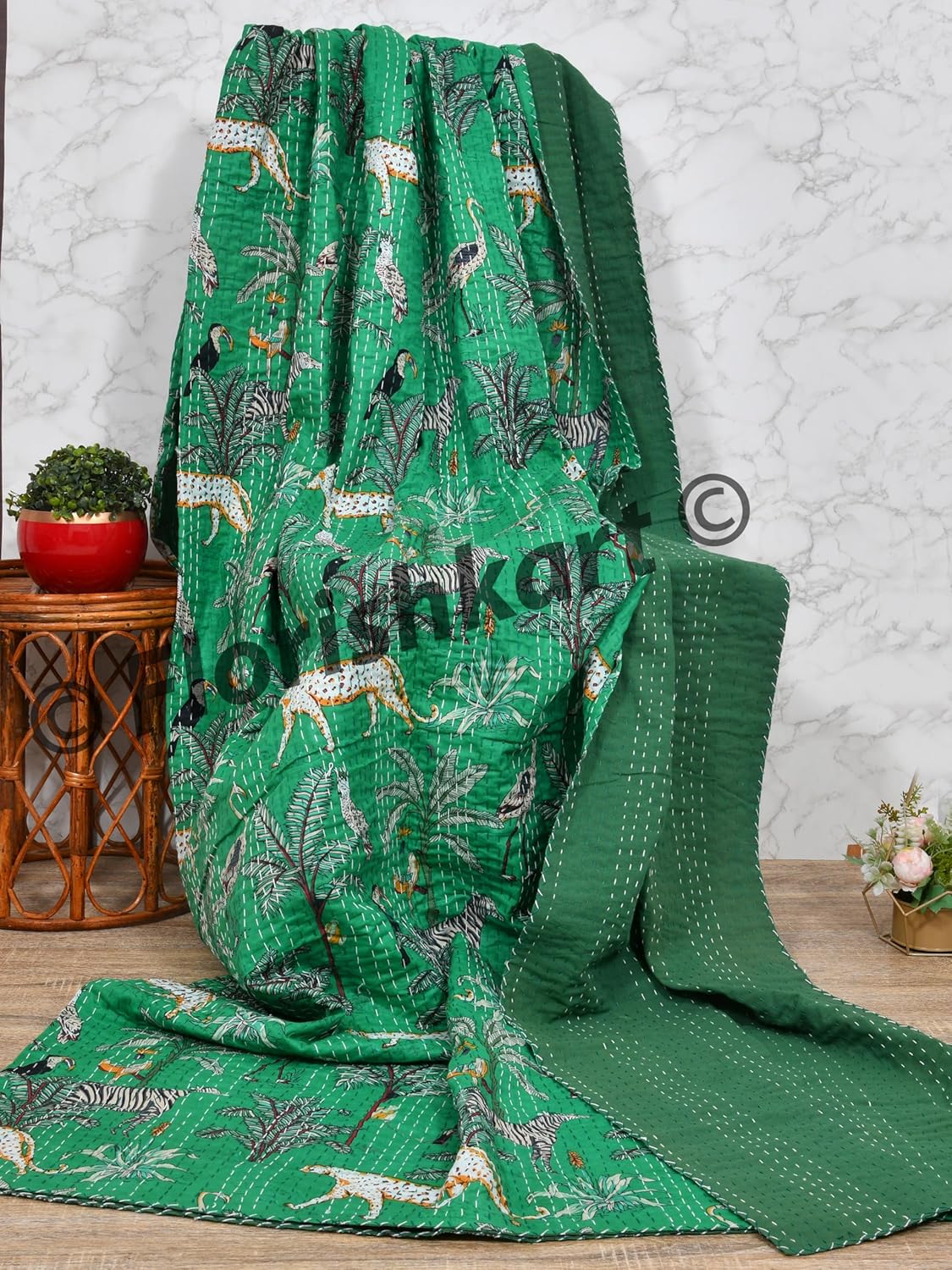 Kantha Quilt Cotton Jungle Print Throw Boho bedspreads Blanket Animal Printed Indian Handmade Quilts Size Kantha Quilt Queen Twin (Green, Twin (60X90 Inch))