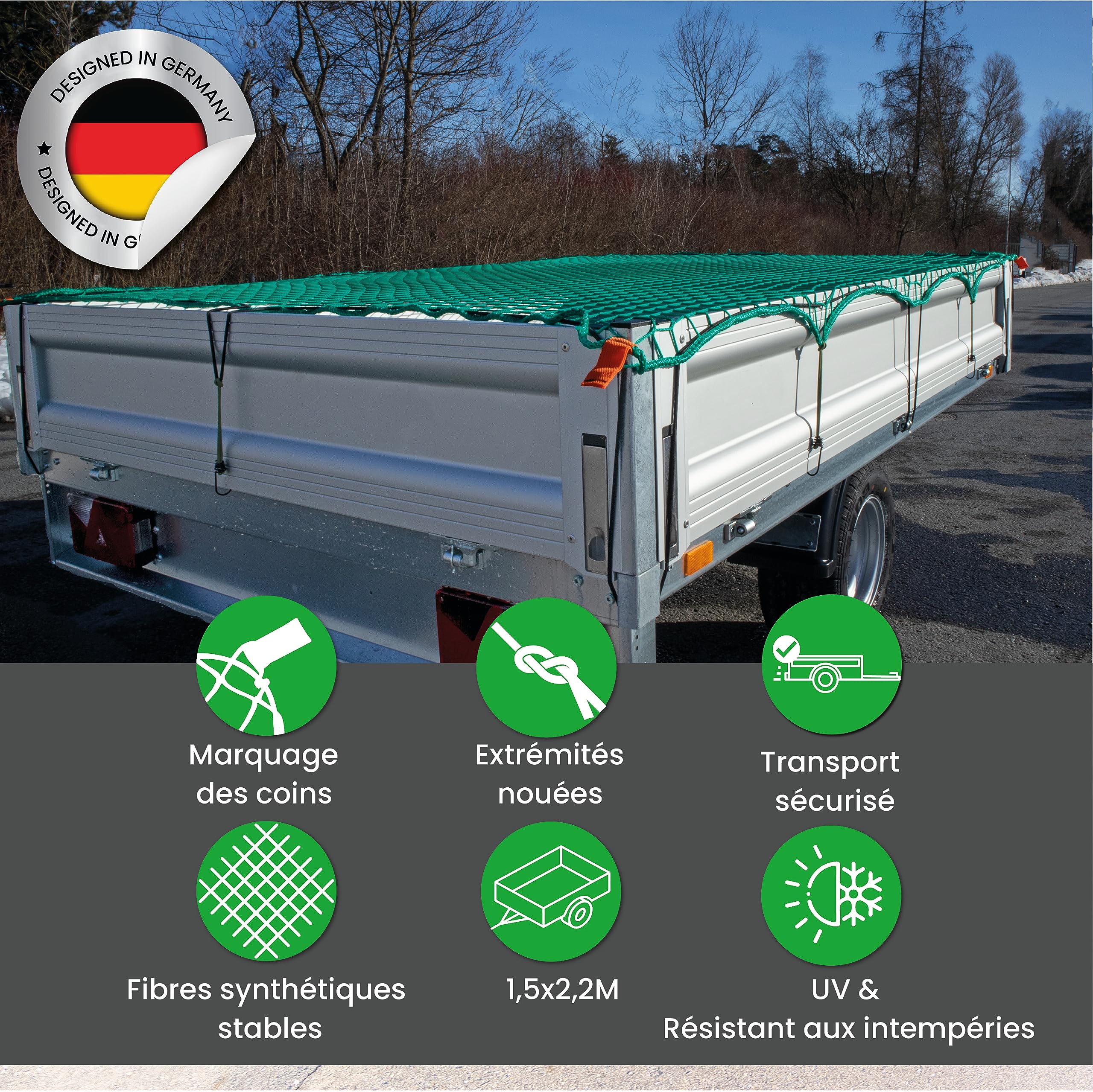 CargoVA® Filets de Remorque 220x150 cm - Filet de remorque avec Corde en Caoutchouc et marquage des Coins - Bache Remorque pour Une Sécurisation Parfaite du Chargement
