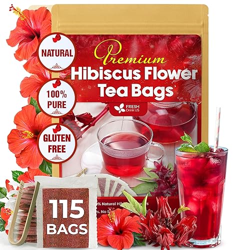 FreshDrinkUS, Bolsas de té prémium con 115 flores de hibisco, 100% natural y puro. Té de hierbas de hibisco de flores sueltas. Sin azúcar, sin