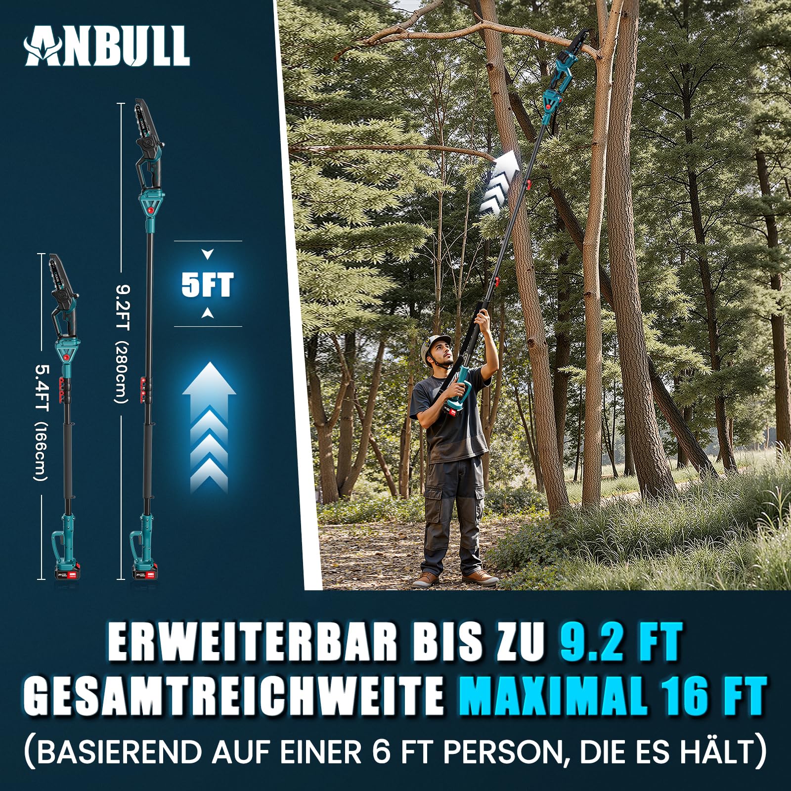 Anbull 2-in-1 Hochentaster Akku, 8 Zoll Mini Kettensäge Akku, 1200W Bürstenloser Motor mit 2 x 4000 mAh Batterien, Maximale Reichweite bis zu 4,8 m für Baum Trimmen Ast Schneiden Gartengerät
