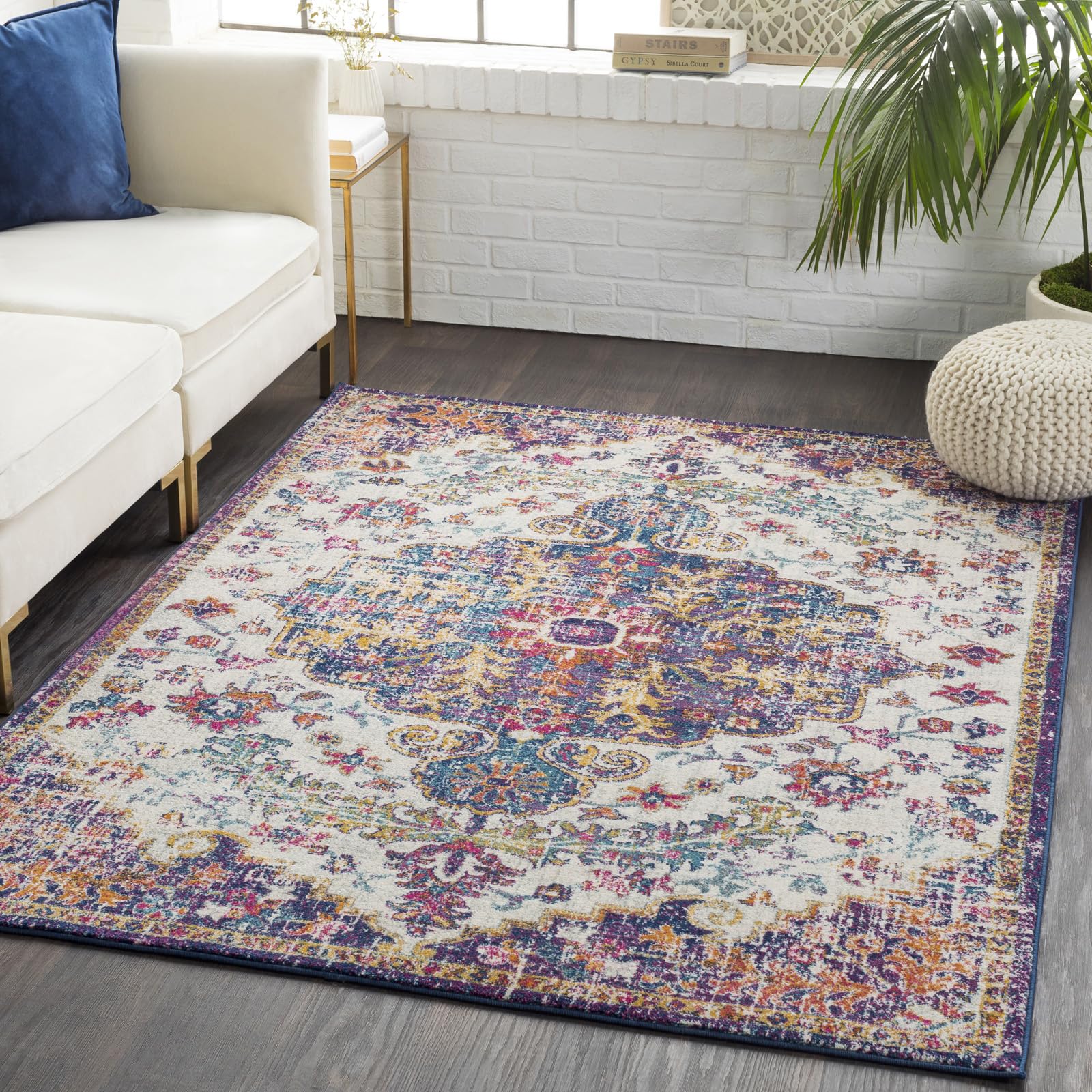Livabliss Lou Asmara Vintage Rug for Living Room & Dining Area 160x220 cm, Traditional Boho Design, Multicoloured Burgundy Blue, Easy Care Pile, Large Floor Covering
