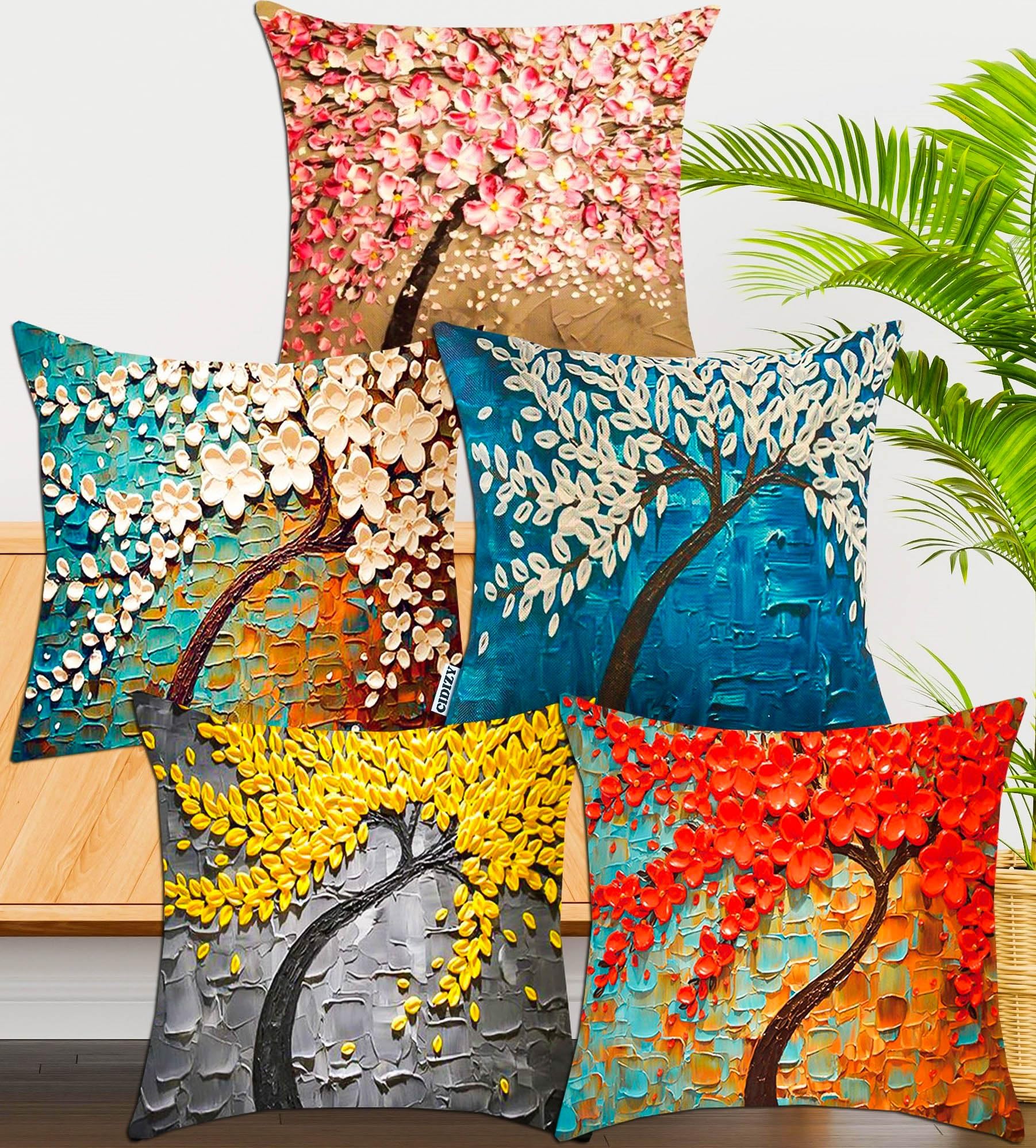 CIDIZY Jute Floral Tree Cushion Covers, 16X16 Inch, Set of 5, Multicolour