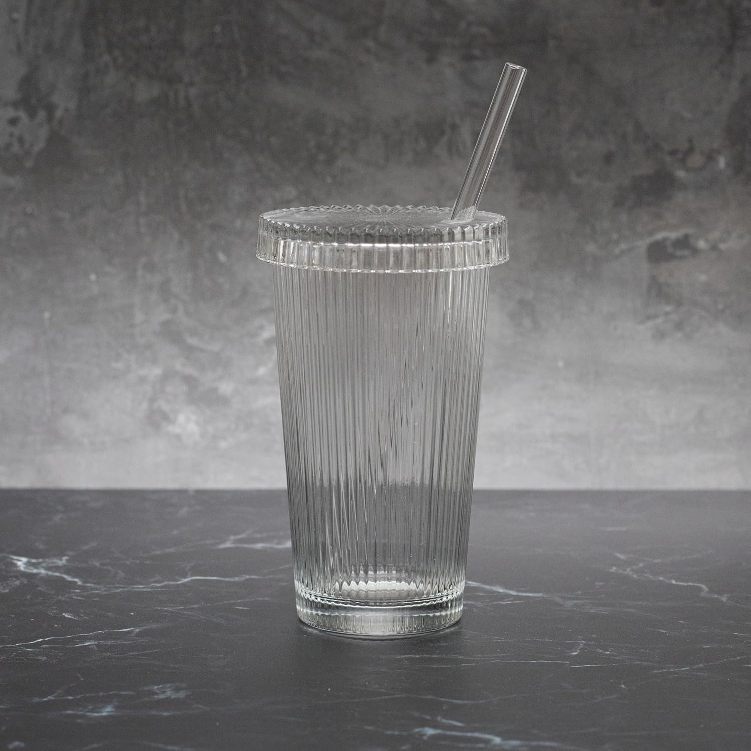 Ribbed Glass Coffee Cup with Straw 390 ML Iced Coffee Cup Tumbler