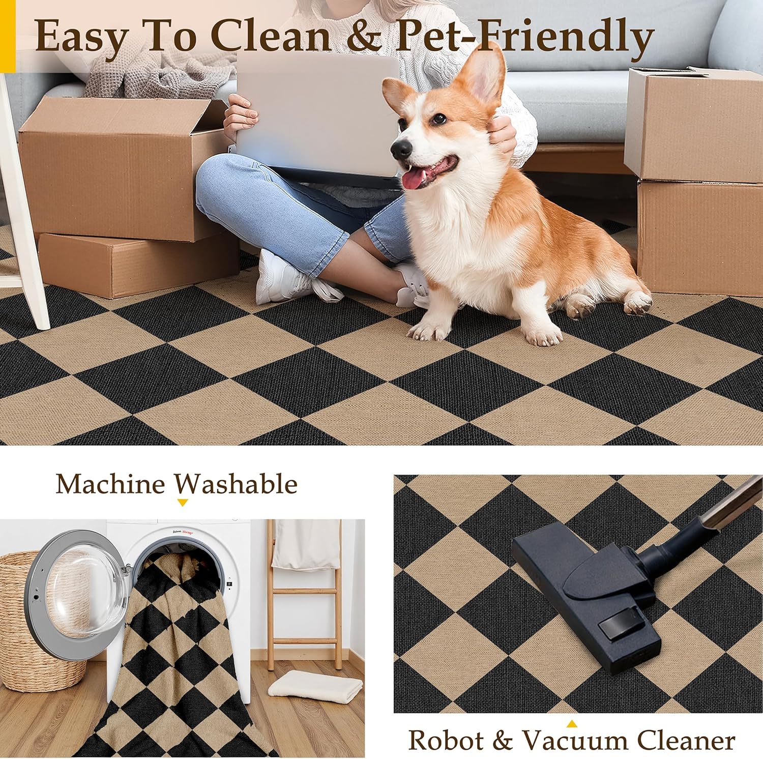 4x6 Checkered Easy Jute Area Rug for Living Room Checkerboard Washable Indoor Outdoor Carpet Farmhouse Patio Office Mat Geometric Non Slip Black Carpet for Dorm Backyard Dining Room