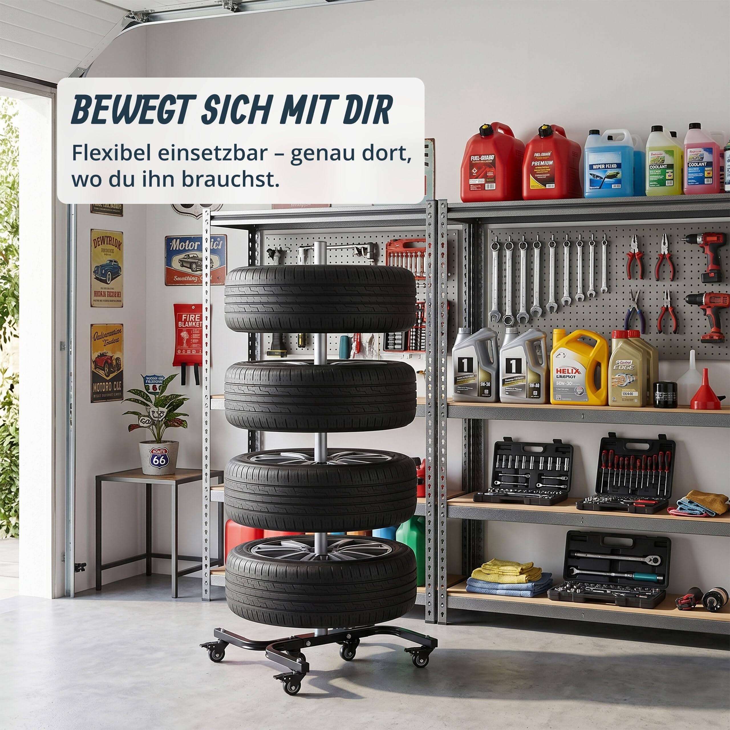 Relaxdays Reifenständer mit Rollen, für 4 Reifen mit Felgen, Reifenlager bis 150 kg, HBT: 130x50x50 cm, Stahl, schwarz