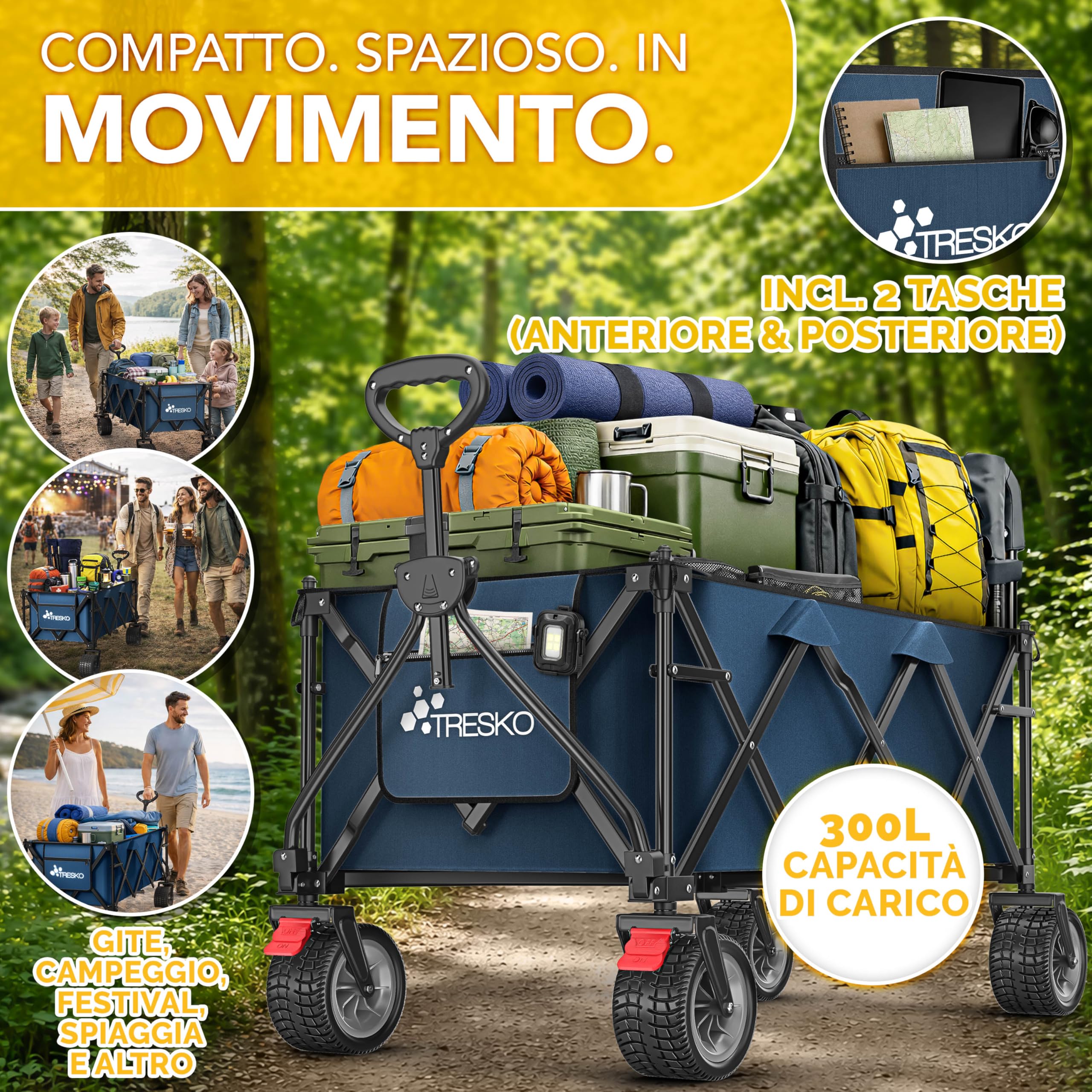 TRESKO® Carrello pieghevole da 300 l con freno, carrello pieghevole da 150 kg con pneumatici in gomma piena, pieghevole, extra large, ruote per il trasporto con borsa per il trasporto (blu)
