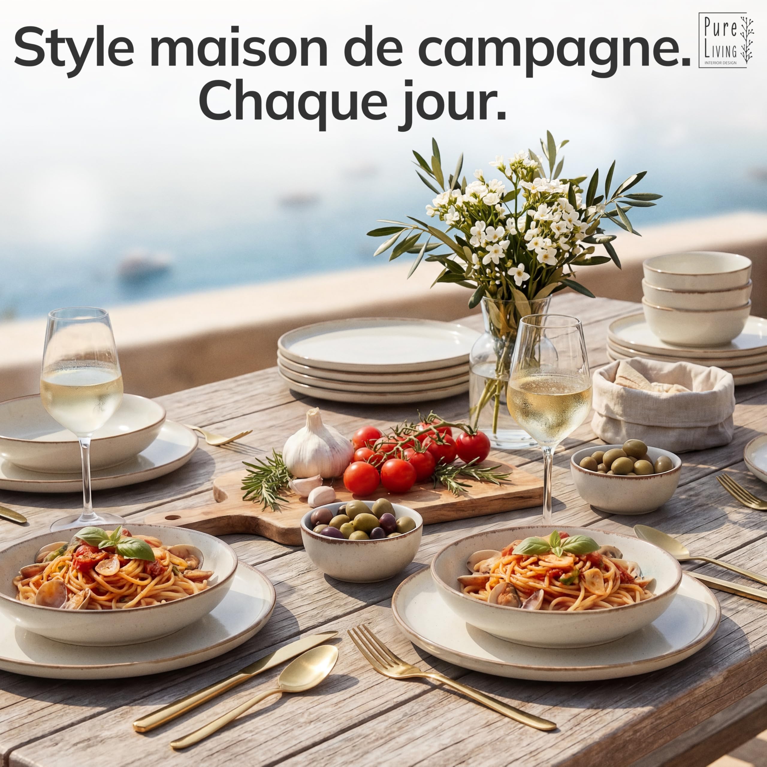 Pure Living Service de table en faïence rustique pour 6 personnes 24 pièces Vainqueur du test Style maison de campagne Service de table en faïence de qualité supérieure Beige