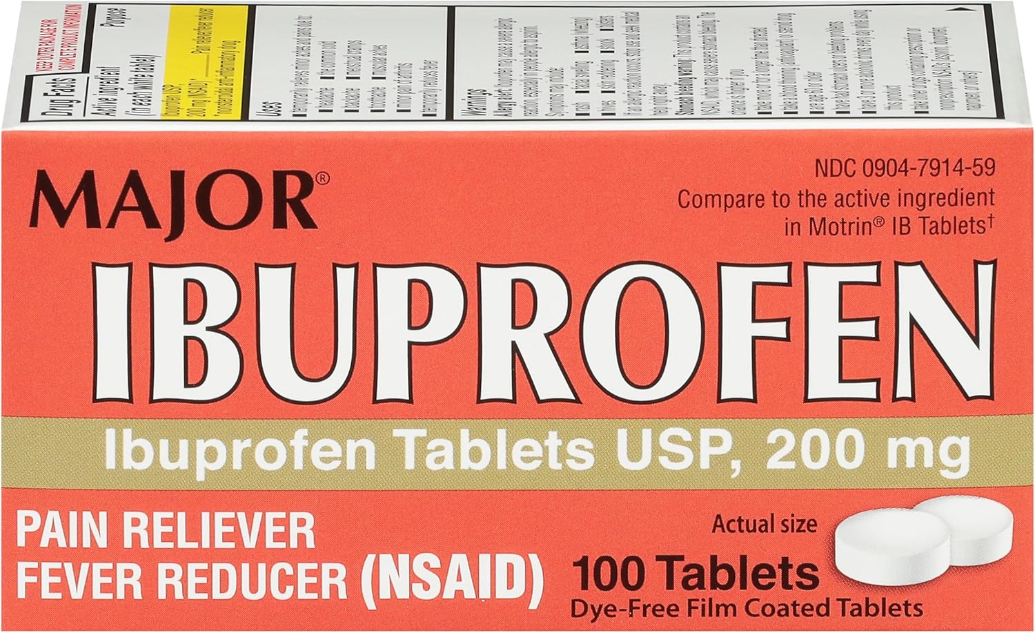 MAJOR Dye-Free Ibuprofen Tablets 200 mg - Helps Temporarily Reduce Fevers - Offers Pain Relief - 100 Tablets (1-Pack)