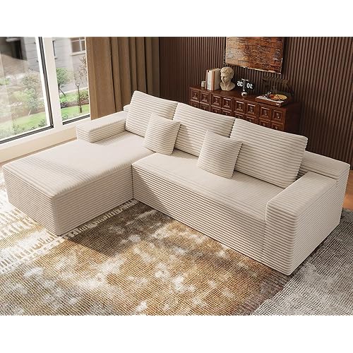 Boneless Modular Sectional Sofa, Cloud Couch with Left Facing Chaise, Oversized Deep Seat, L-Shaped, Soft Corduroy Fabric, Sectional Couch for Living Room -Beige