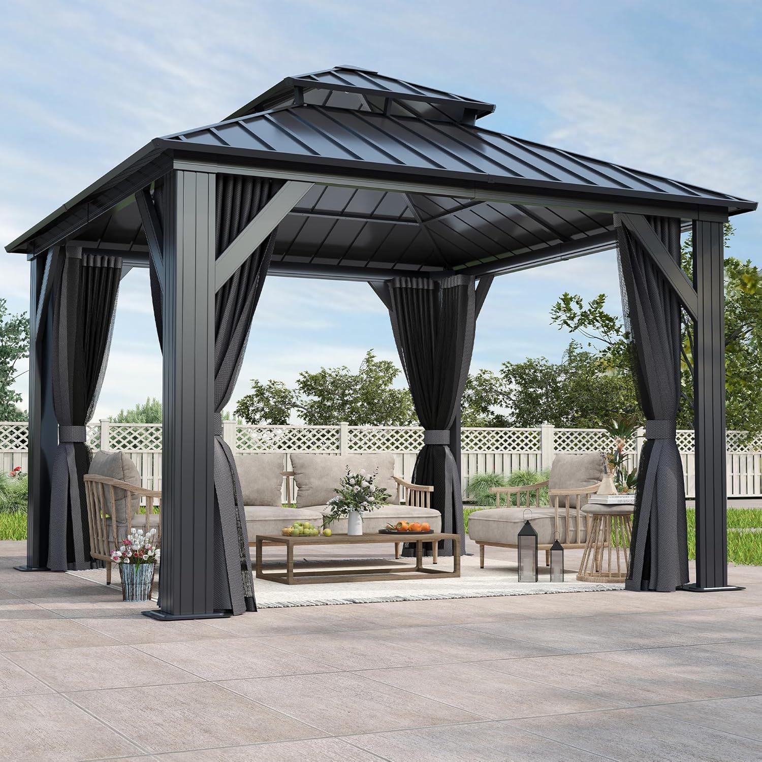 10'x10' Outdoor Hardtop Gazebo with Double Roof - Heavy-Duty Galvanized Steel Top Aluminum Frame Gazebo with Breathable Netting & Privacy Curtain for Patio, Porch, Garden, Lawn, Deck, Backyard