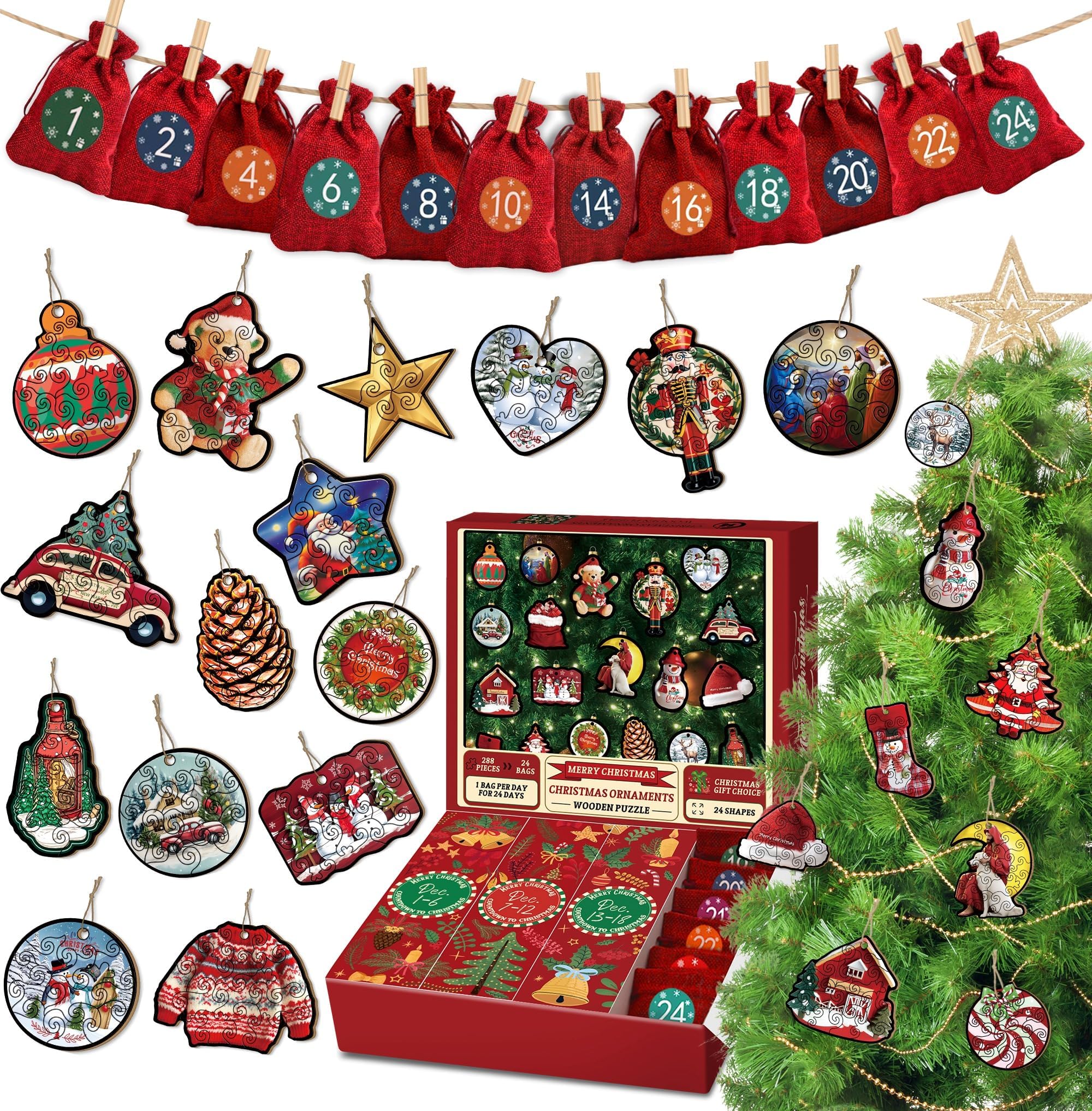 Christmas Wooden Advent Calendar Puzzle Ornament for Adult, Christmas Countdown Calendar Wood Puzzles for Adult, Holiday Winter Jigsaw Puzzle as Christmas Countdown Decor