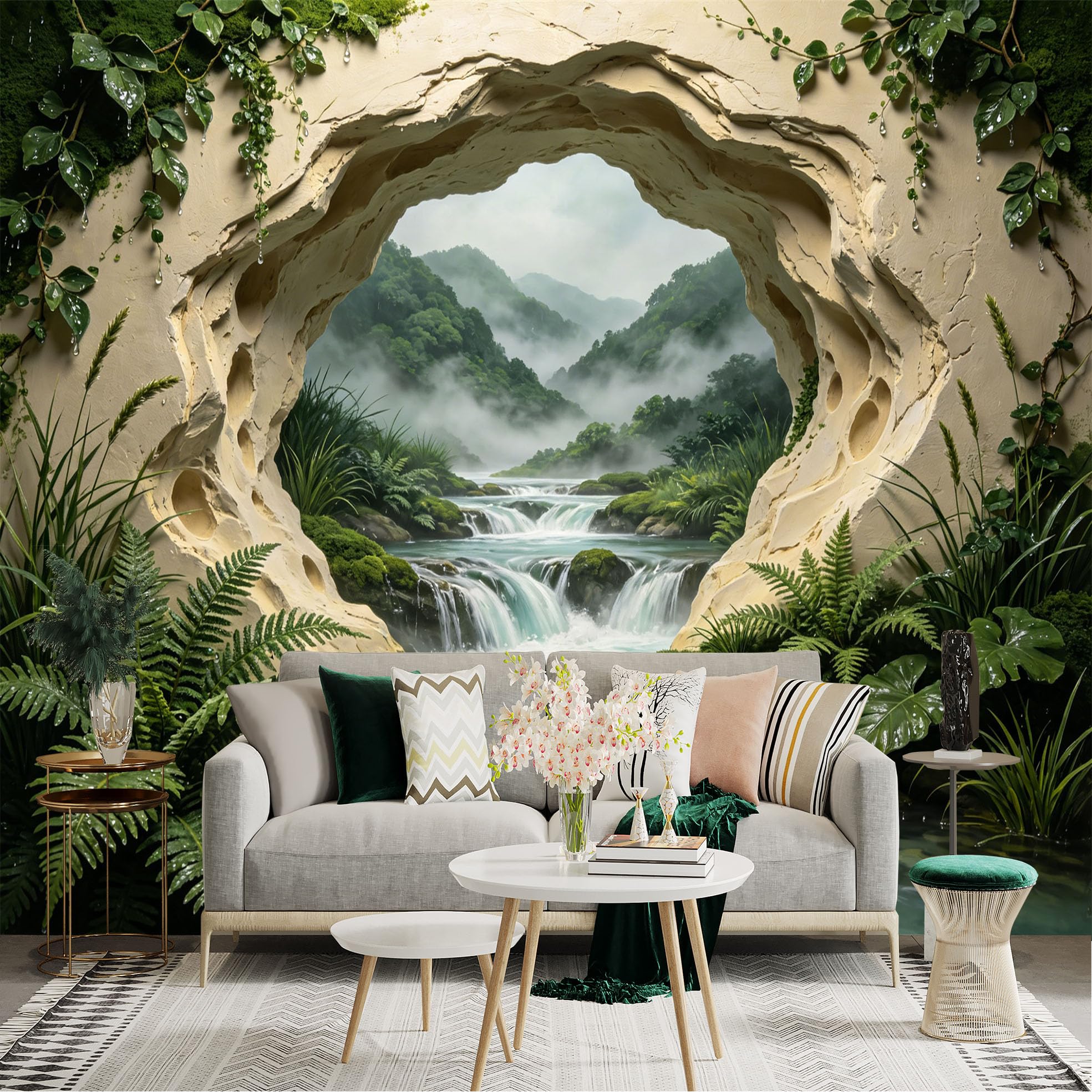 Custom Size Wall Sticker Mural， Tropical Waterfall Stream with Lush Green Forest and Misty Mountains， for wall Decoration， peelandstick wall Decals.