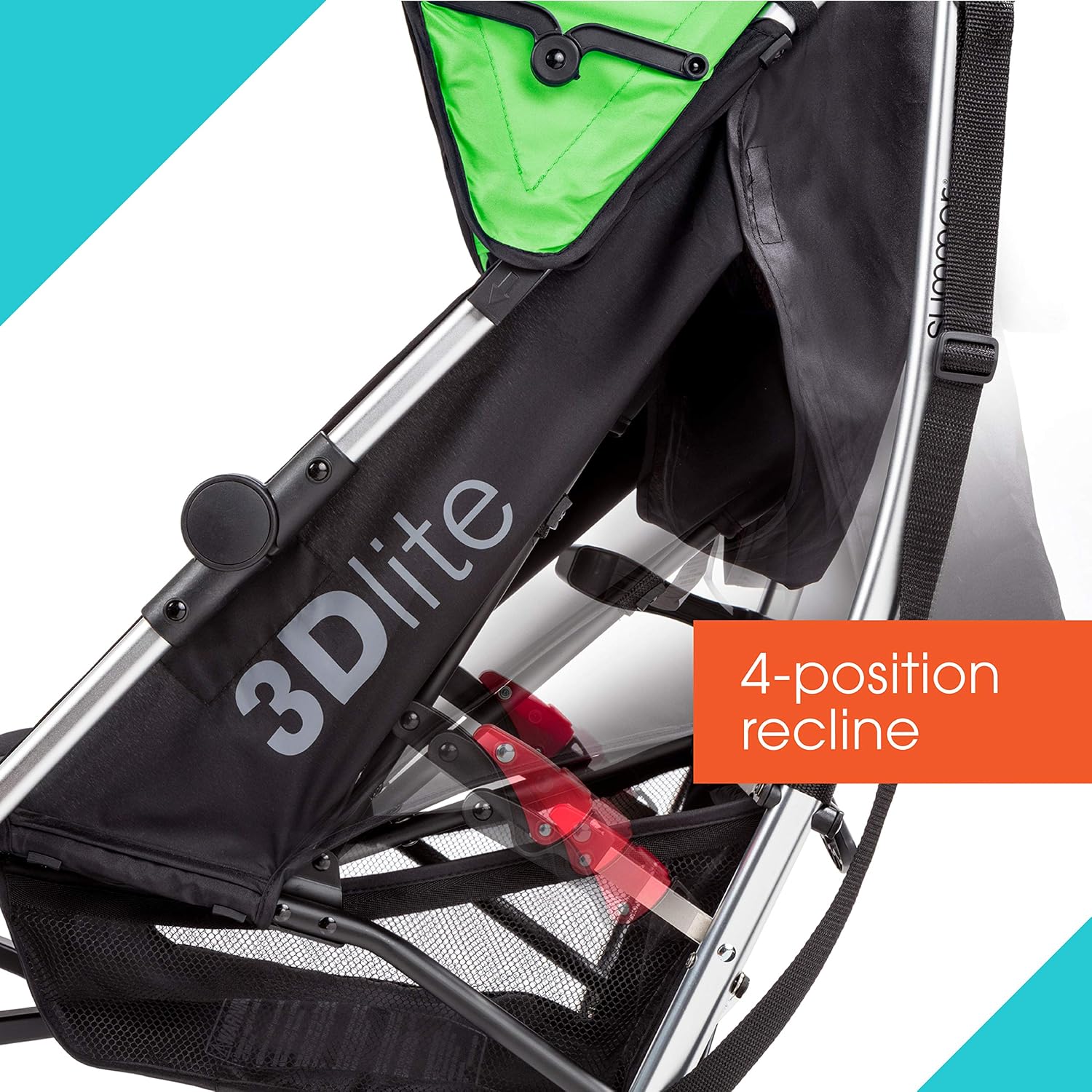 Summer 3Dlite Convenience Stroller, Green – Lightweight Stroller with Aluminum Frame, Large Seat Area, 4 Position Recline, Extra Large Storage Basket – Infant Stroller for Travel and More