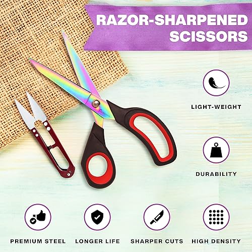 Miniatura 5 de Tijeras de tela, 9.5 pulgadas, de acero inoxidable con revestimiento de titanio, tijeras de costura extra afiladas para corte de tela, tijeras de