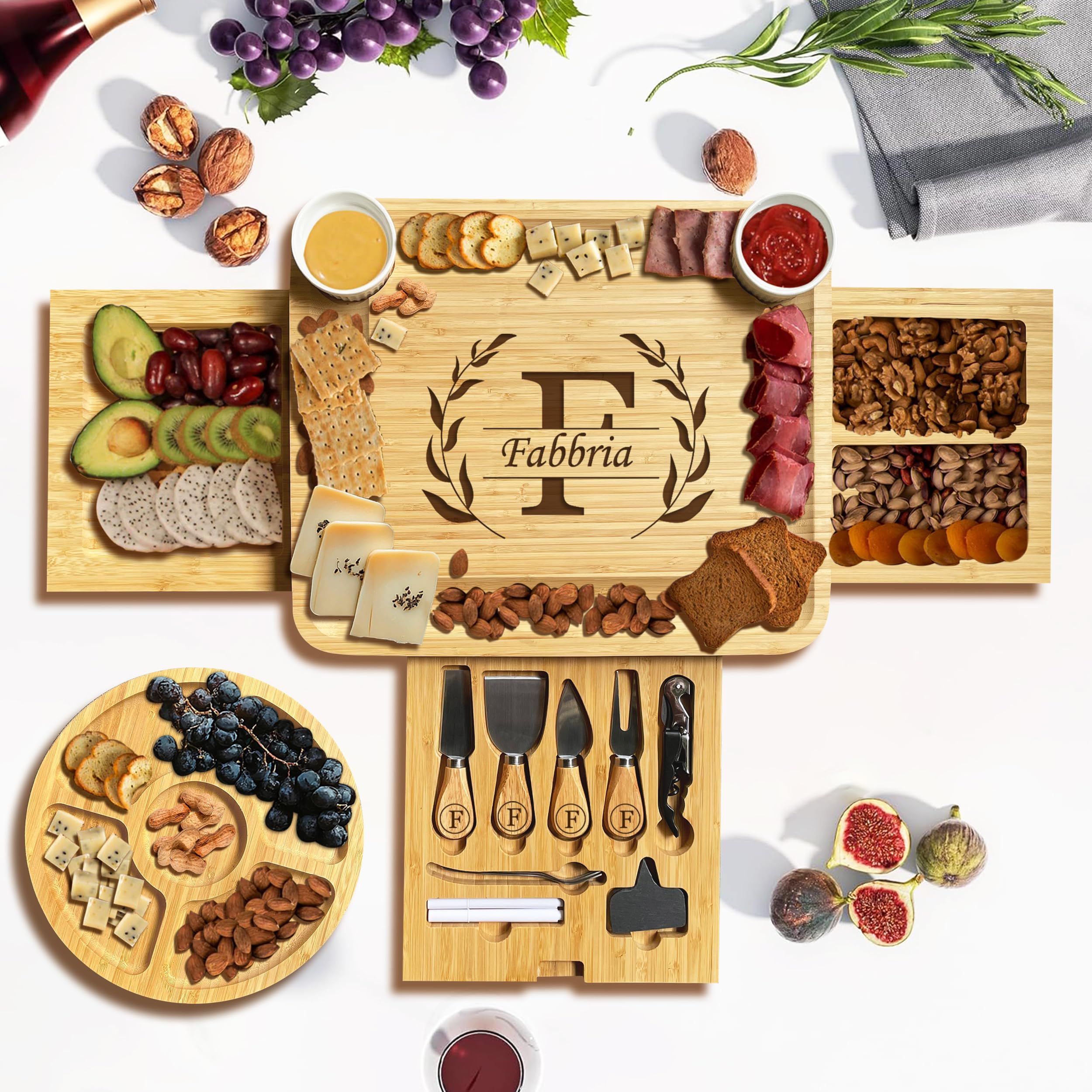 Planche à fromage en bambou avec 3 tiroirs et ustensiles - Plateau rond inclus - Cadeau de mariage, d'anniversaire, de pendaison de crémaillère pour famille, femme, couple
