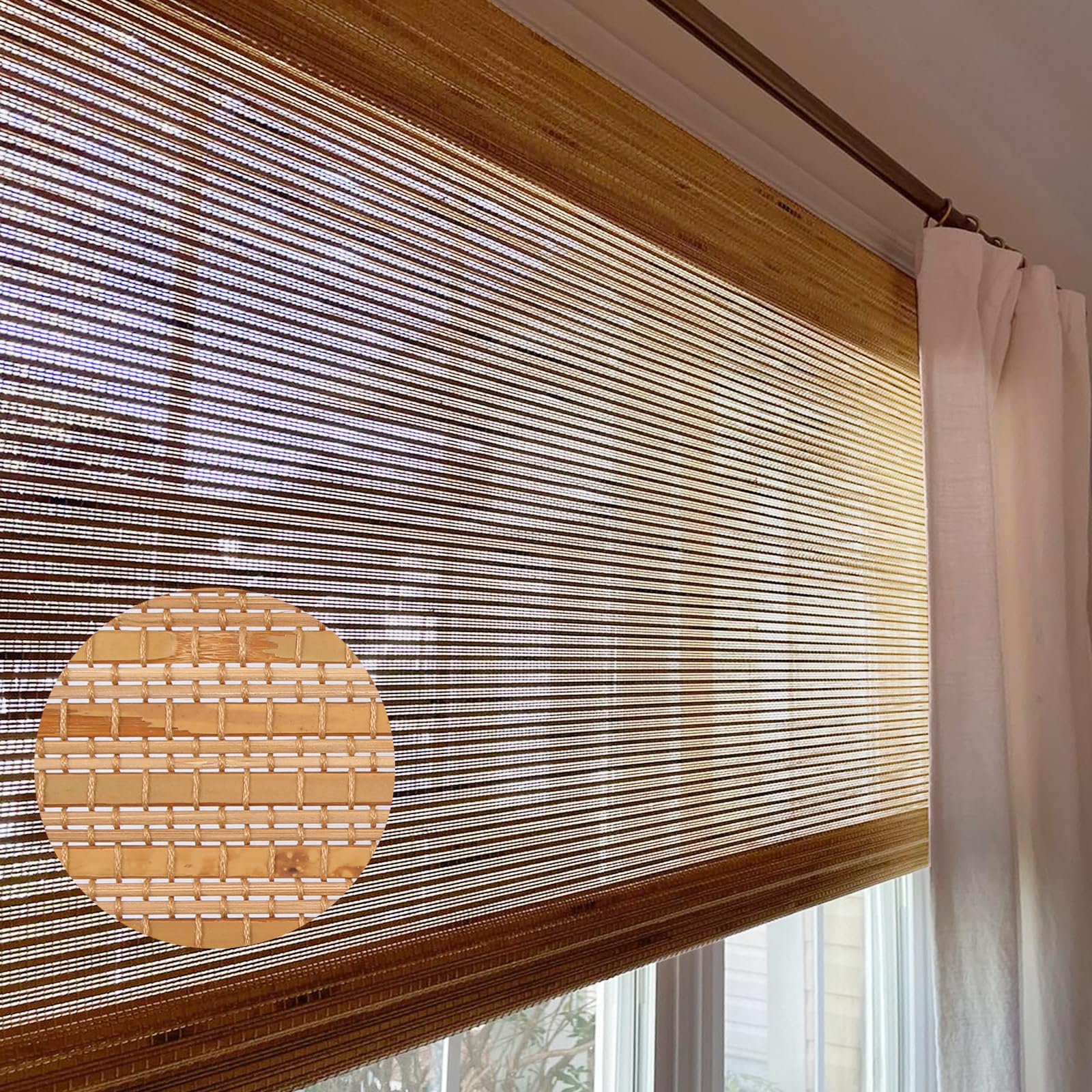 LETAU Cordless Wood Window Shades Blinds, Bamboo Blinds for Semi-Private Light Control - Easy to Lift & Fold Up Window Shades, Almond Brown, 31.5" W x 48" L