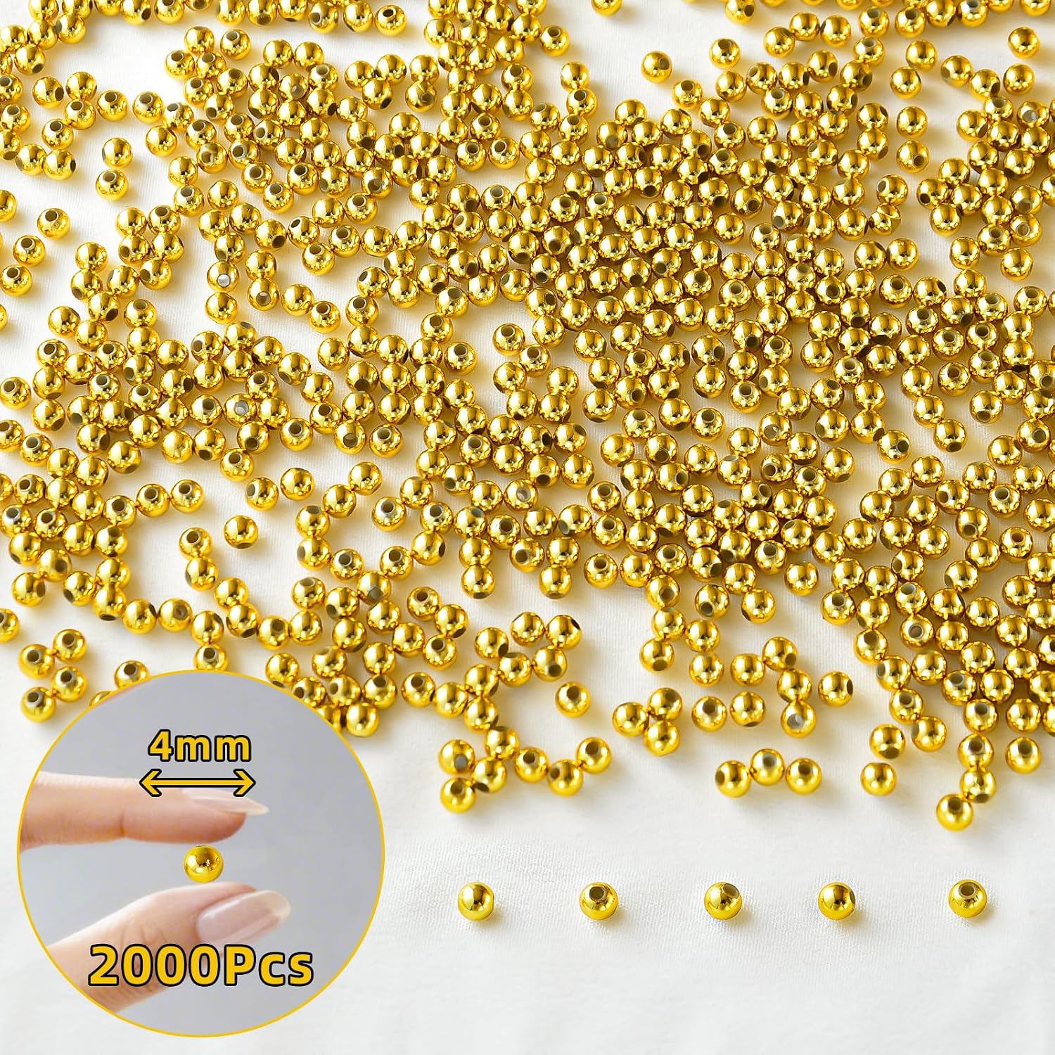 Laopottbeads 2000 Pcs Gold Beads with Oxidation-Resistant Finish, 4mm Round Beads DIY Kit for Bracelets, Earrings, Necklaces & Anklets